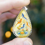 Antique Hand Painted Mother Of Pearl & Silver Pendant, Persian Hand Made Shell Pendant With Silver Border, Painted Tear Drop Pendant