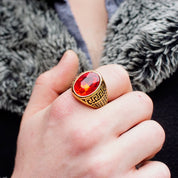Retro Gold Tone Stainless Steel & Red Glass Greek Key Ring, Men's Cocktail Ring Faceted Red Jewel, Engraved Meander Ring, Size 11 3/4 US