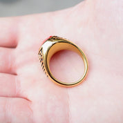 Retro Gold Tone Stainless Steel & Red Glass Greek Key Ring, Men's Cocktail Ring Faceted Red Jewel, Engraved Meander Ring, Size 11 3/4 US