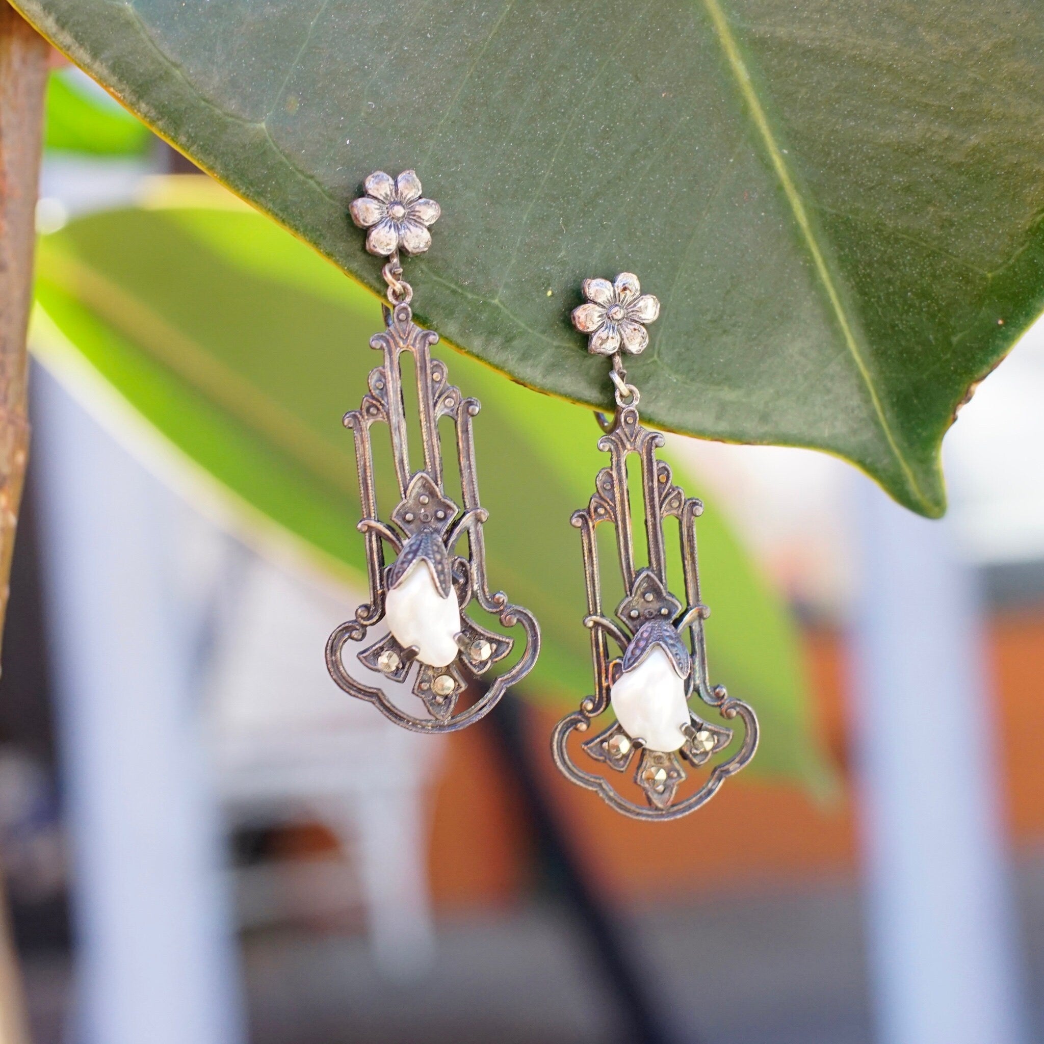 Antique Art Nouveau Sterling Silver & Pearl Screw Back Drop Earrings, Ornate Silver Cutout Earrings With Accent Marcasite Stones, 925