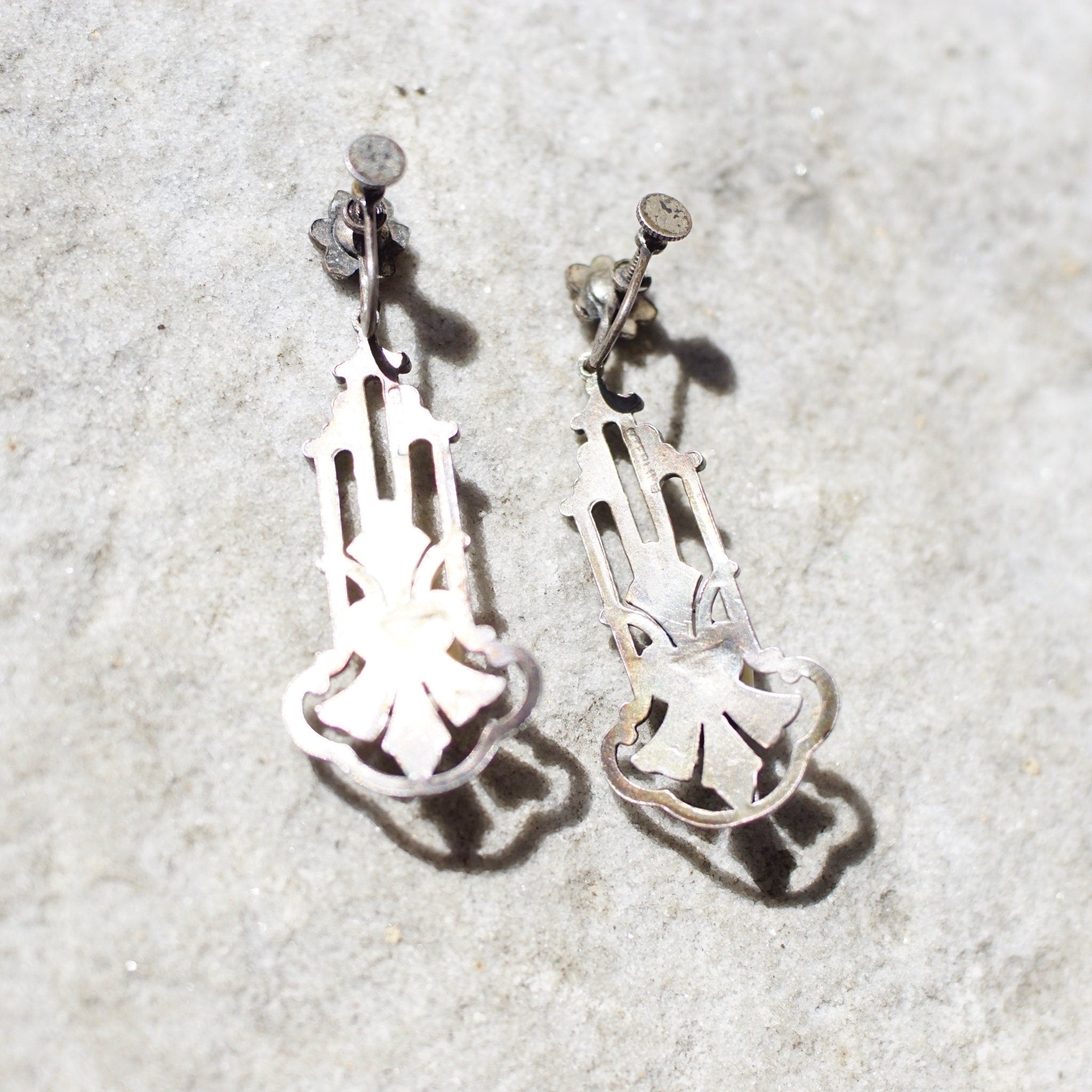 Antique Art Nouveau Sterling Silver & Pearl Screw Back Drop Earrings, Ornate Silver Cutout Earrings With Accent Marcasite Stones, 925