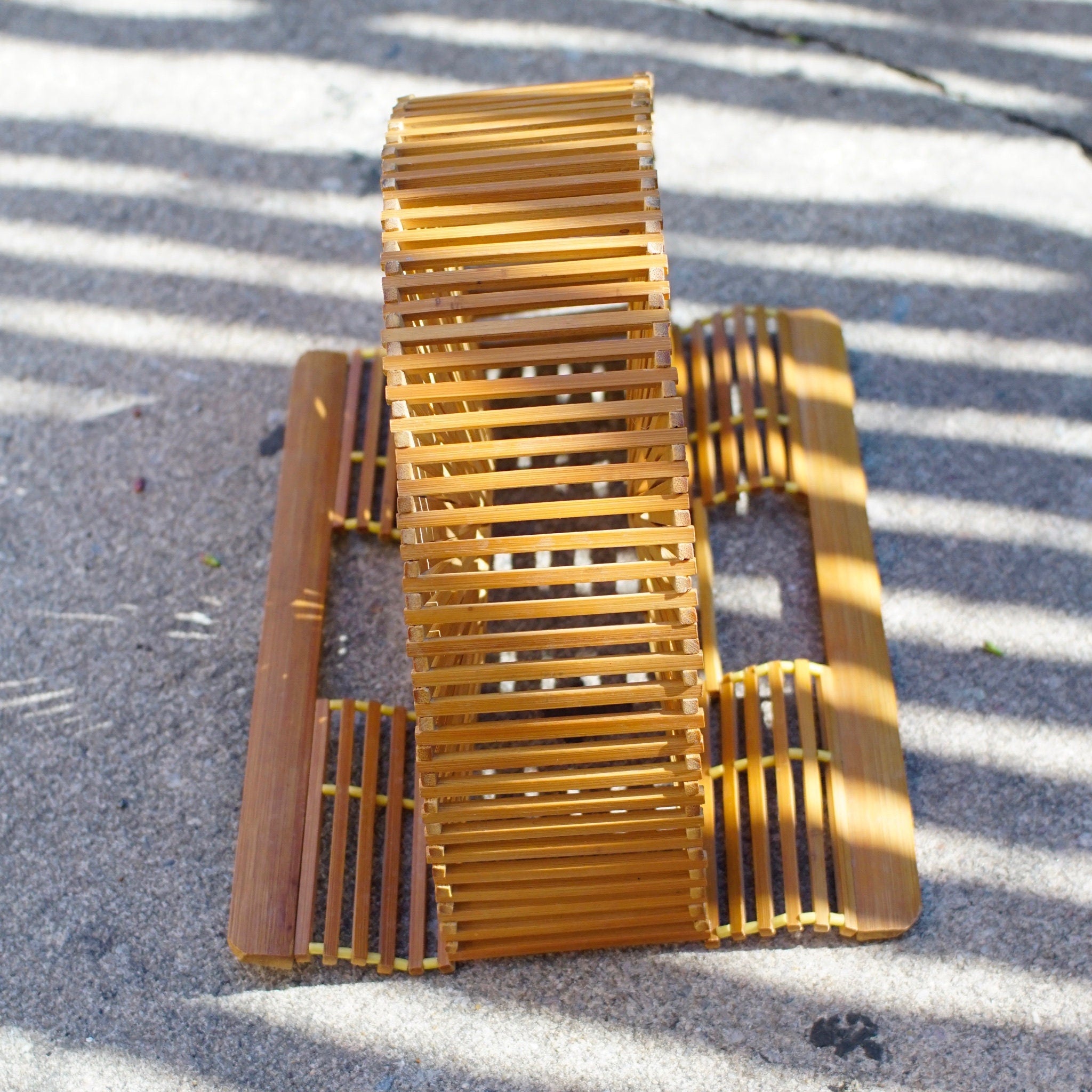 Vintage Japenese Bamboo Picnic Bag, 1970's Mod Bamboo Wood Clutch, Beautiful Half Moon Bamboo Purse, In Great Condition