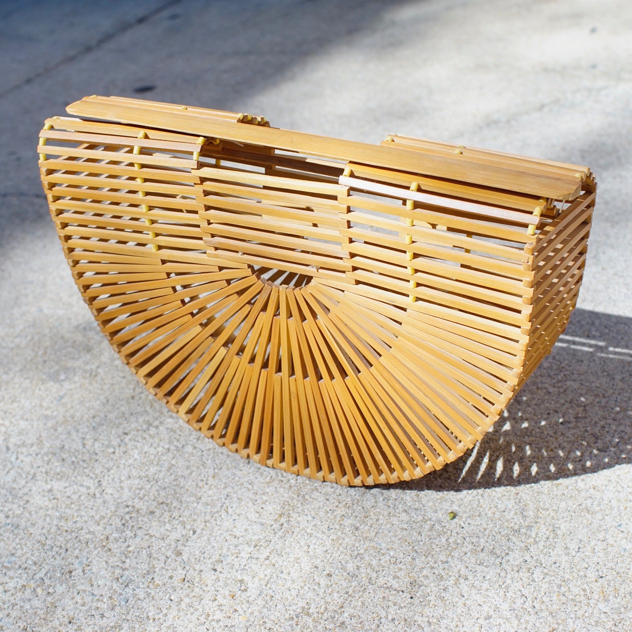 Vintage Japenese Bamboo Picnic Bag, 1970's Mod Bamboo Wood Clutch, Beautiful Half Moon Bamboo Purse, In Great Condition