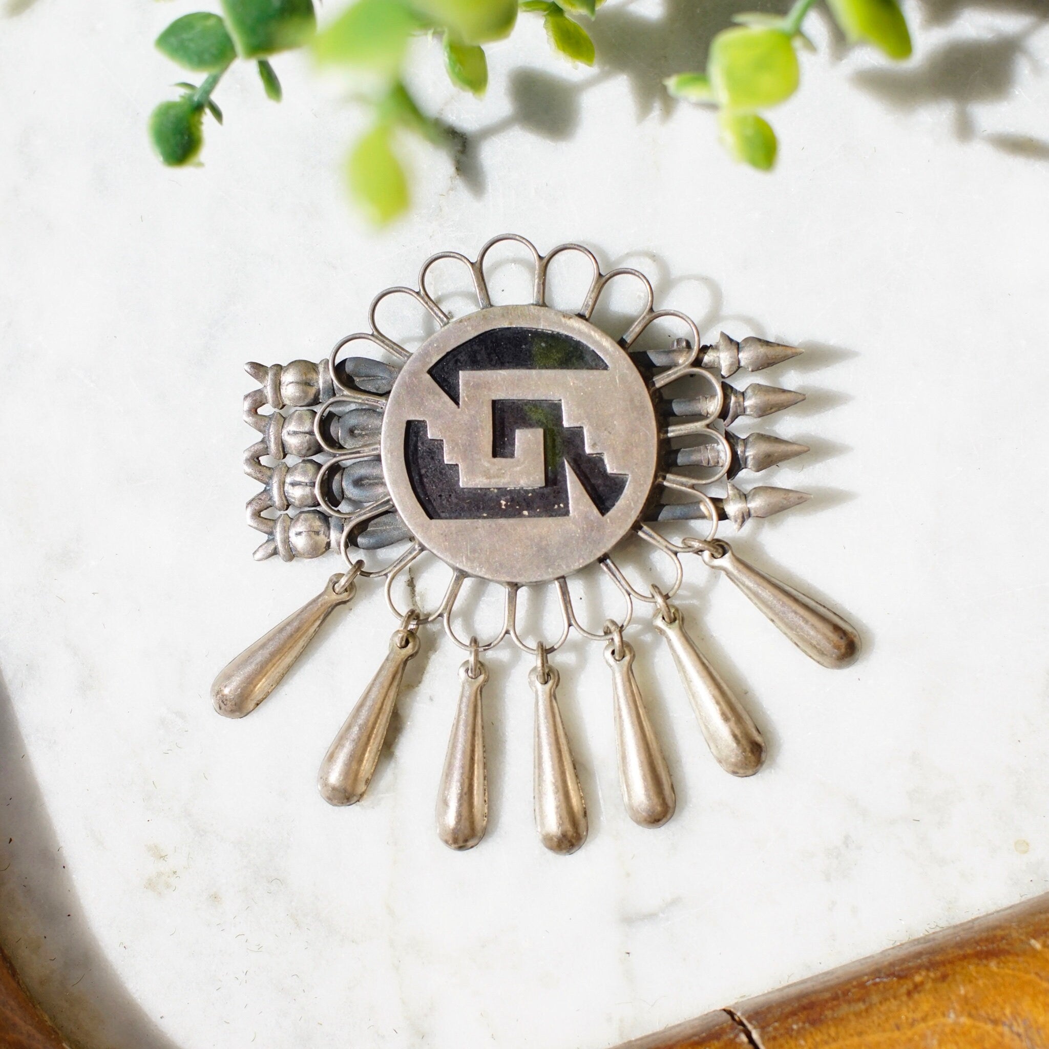 Vintage Mexico Sterling Brooch, Unique Silver Brooch With Geometric Designs & Silver Tassels, Silver Flower Pin With Accent Arrows, 925