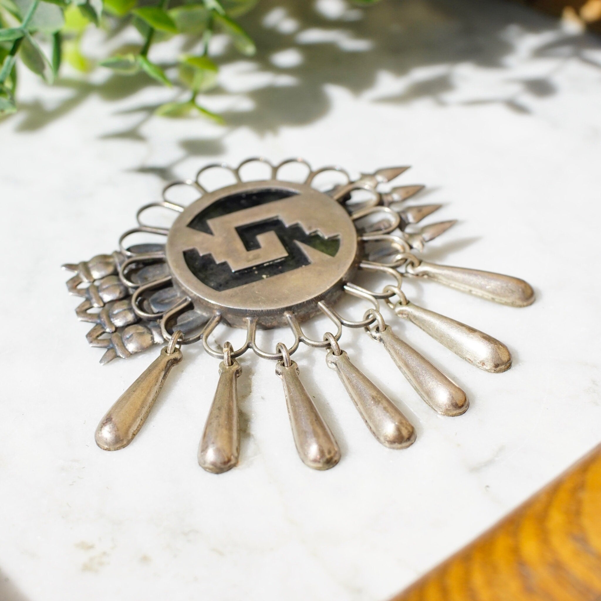 Vintage Mexico Sterling Brooch, Unique Silver Brooch With Geometric Designs & Silver Tassels, Silver Flower Pin With Accent Arrows, 925
