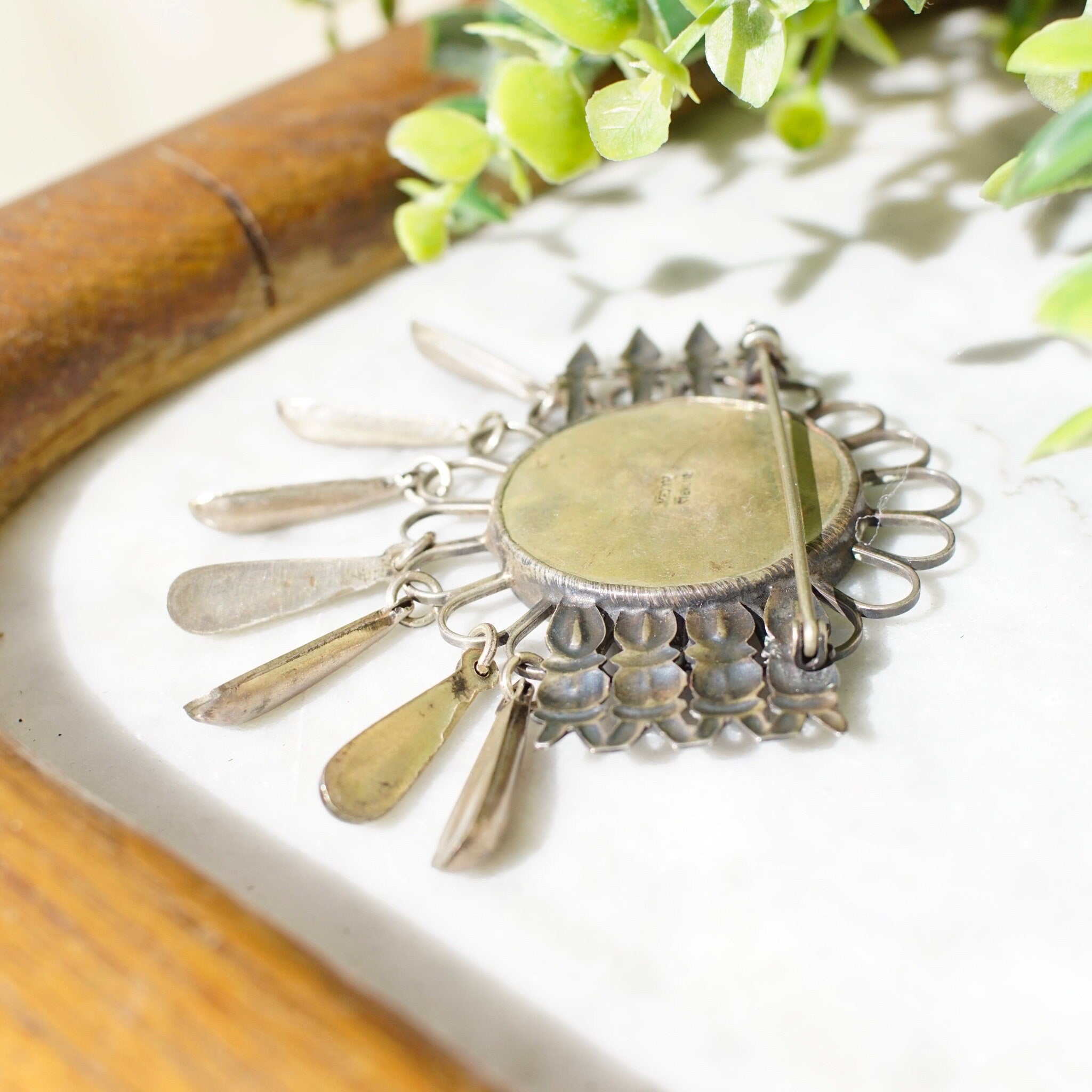 Vintage Mexico Sterling Brooch, Unique Silver Brooch With Geometric Designs & Silver Tassels, Silver Flower Pin With Accent Arrows, 925