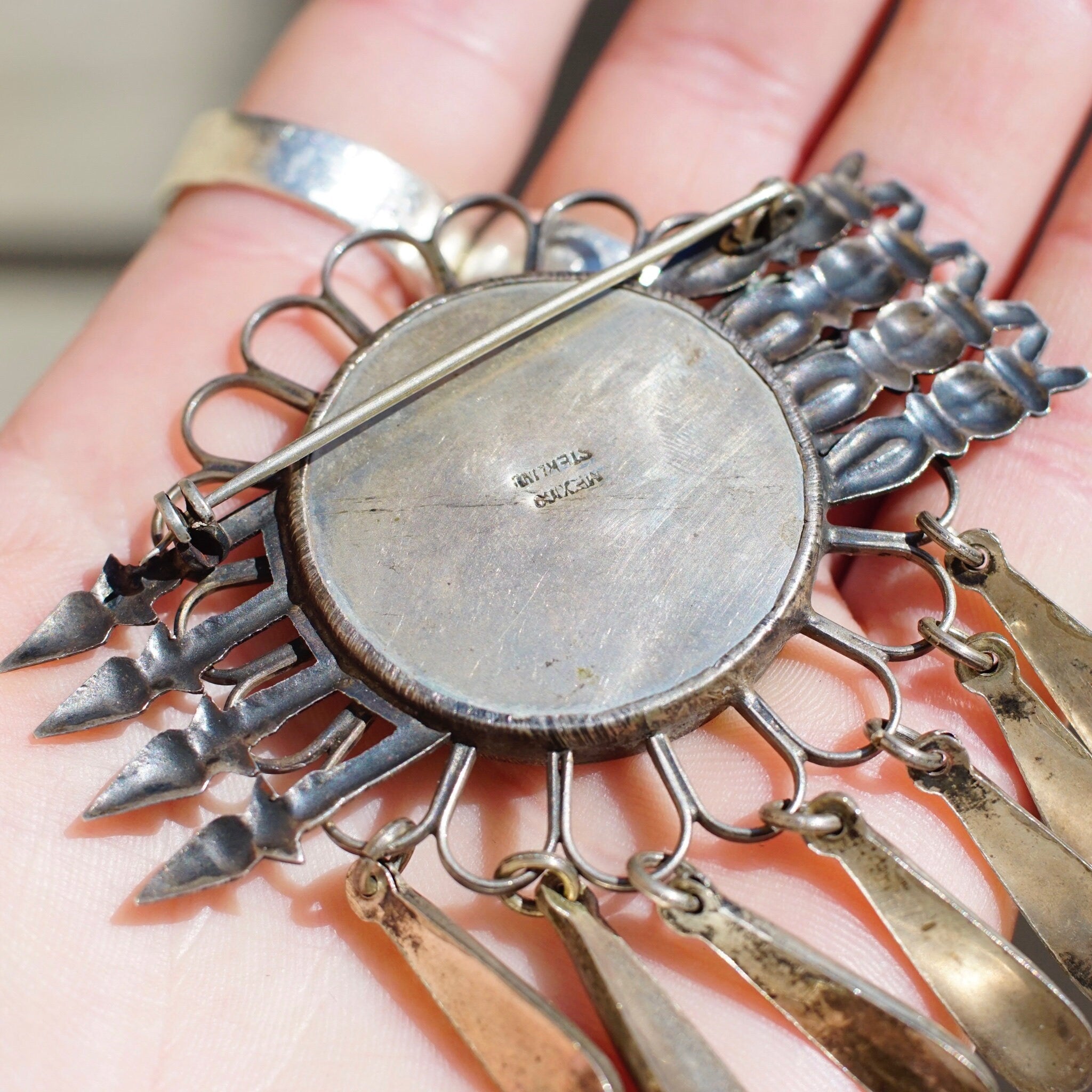 Vintage Mexico Sterling Brooch, Unique Silver Brooch With Geometric Designs & Silver Tassels, Silver Flower Pin With Accent Arrows, 925