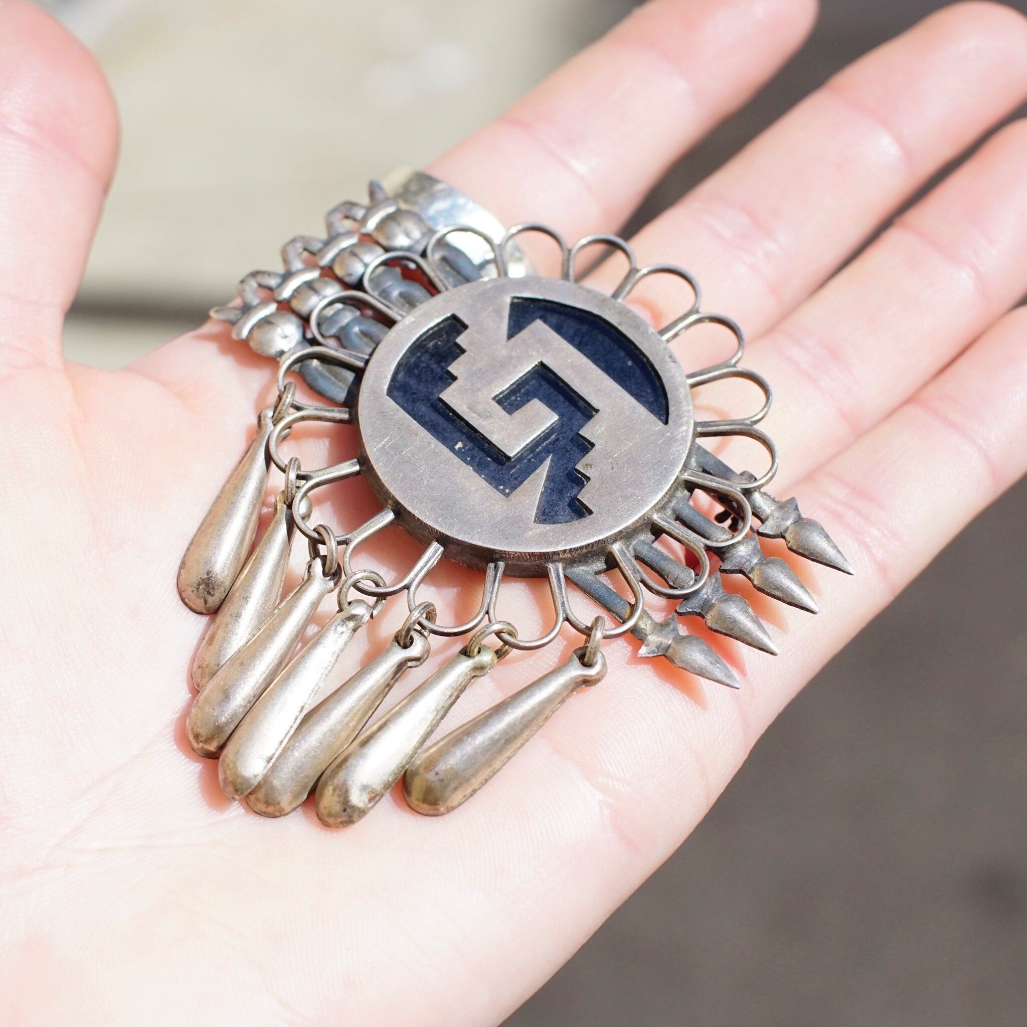 Vintage Mexico Sterling Brooch, Unique Silver Brooch With Geometric Designs & Silver Tassels, Silver Flower Pin With Accent Arrows, 925