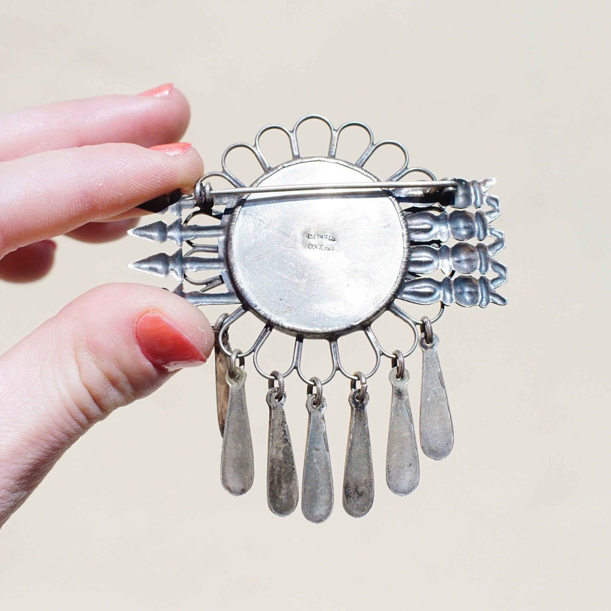 Vintage Mexico Sterling Brooch, Unique Silver Brooch With Geometric Designs & Silver Tassels, Silver Flower Pin With Accent Arrows, 925
