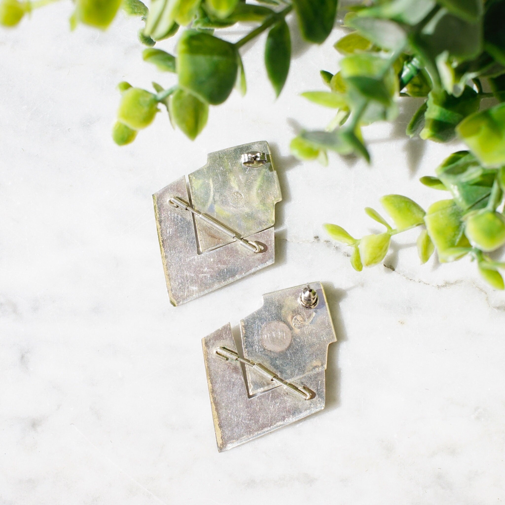 Vintage Sterling Silver Hinged Checker Earrings, Unique Stud Earrings With Inlaid Glass/Stone, Modernist Dangle Post Earrings, 925 Jewelry