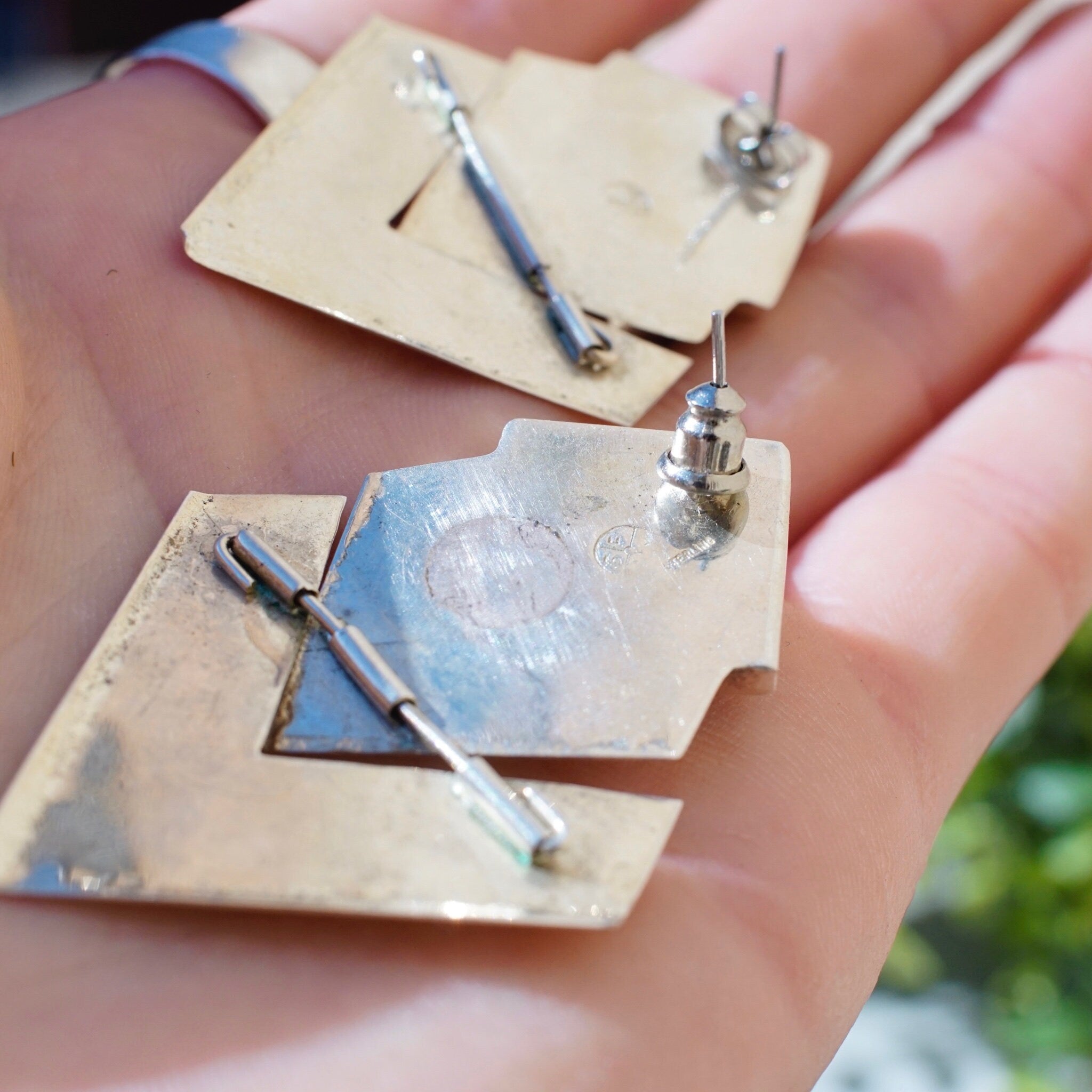 Vintage Sterling Silver Hinged Checker Earrings, Unique Stud Earrings With Inlaid Glass/Stone, Modernist Dangle Post Earrings, 925 Jewelry