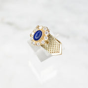 Vintage 14K Gold Lapis Lazuli And Diamond Mesh Belt Buckle Ring, Yellow Gold Ring With Lapis and Diamond Flower, Adjustable Ring, VCA NY 14K