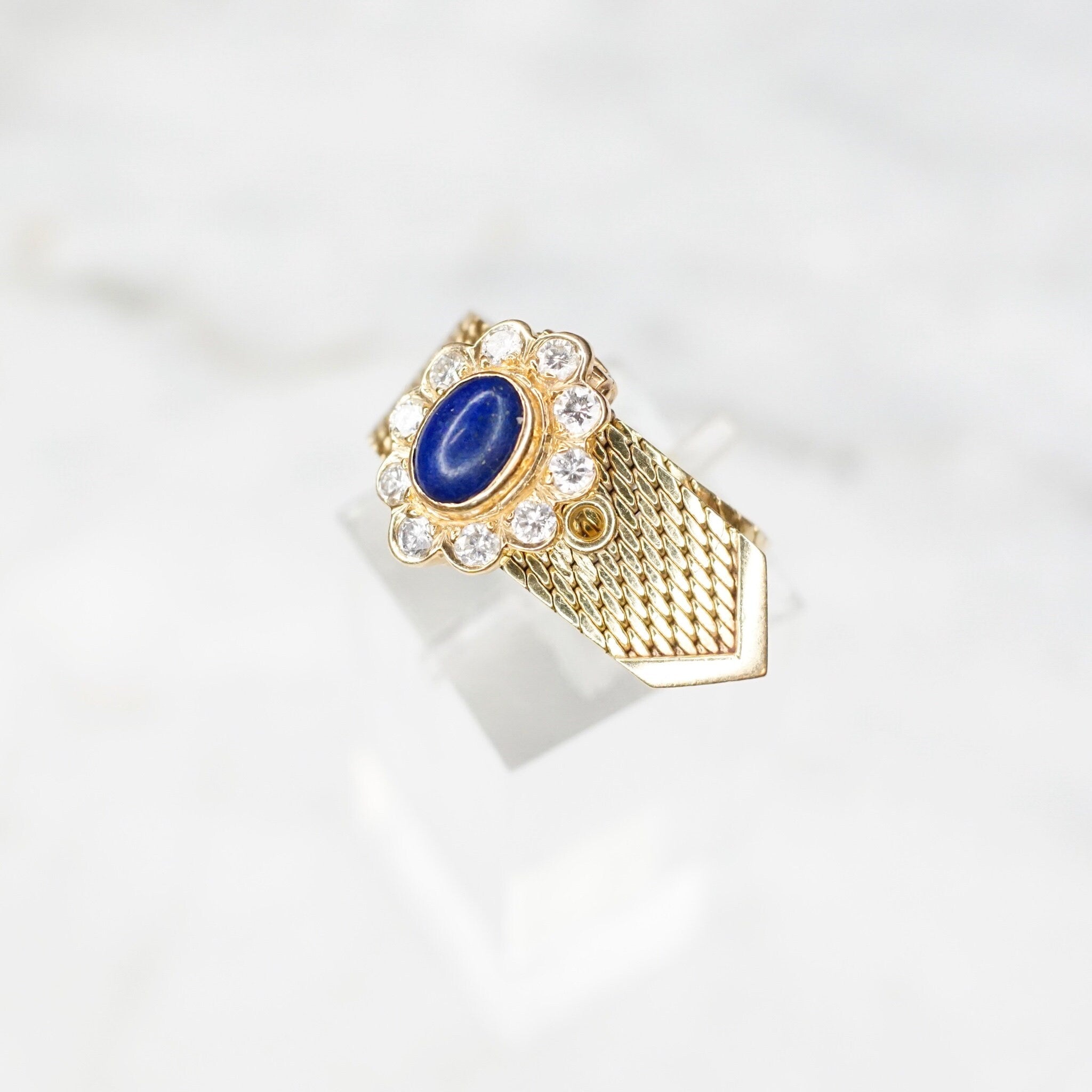 Vintage 14K Gold Lapis Lazuli And Diamond Mesh Belt Buckle Ring, Yellow Gold Ring With Lapis and Diamond Flower, Adjustable Ring, VCA NY 14K