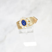 Vintage 14K Gold Lapis Lazuli And Diamond Mesh Belt Buckle Ring, Yellow Gold Ring With Lapis and Diamond Flower, Adjustable Ring, VCA NY 14K