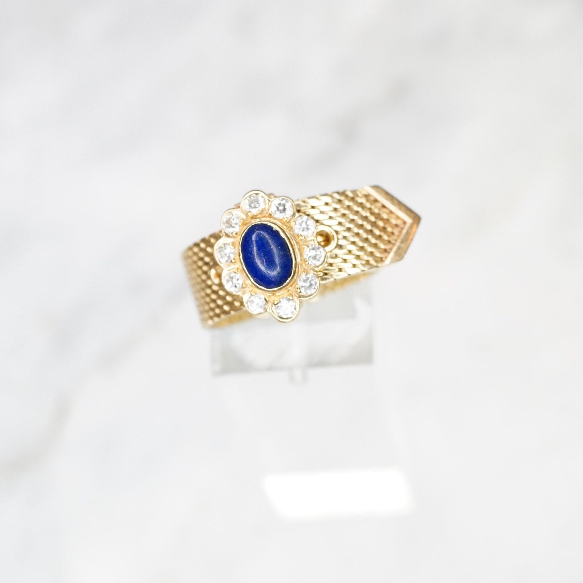 Vintage 14K Gold Lapis Lazuli And Diamond Mesh Belt Buckle Ring, Yellow Gold Ring With Lapis and Diamond Flower, Adjustable Ring, VCA NY 14K