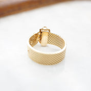 Vintage 14K Gold Lapis Lazuli And Diamond Mesh Belt Buckle Ring, Yellow Gold Ring With Lapis and Diamond Flower, Adjustable Ring, VCA NY 14K