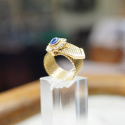 Vintage 14K Gold Lapis Lazuli And Diamond Mesh Belt Buckle Ring, Yellow Gold Ring With Lapis and Diamond Flower, Adjustable Ring, VCA NY 14K
