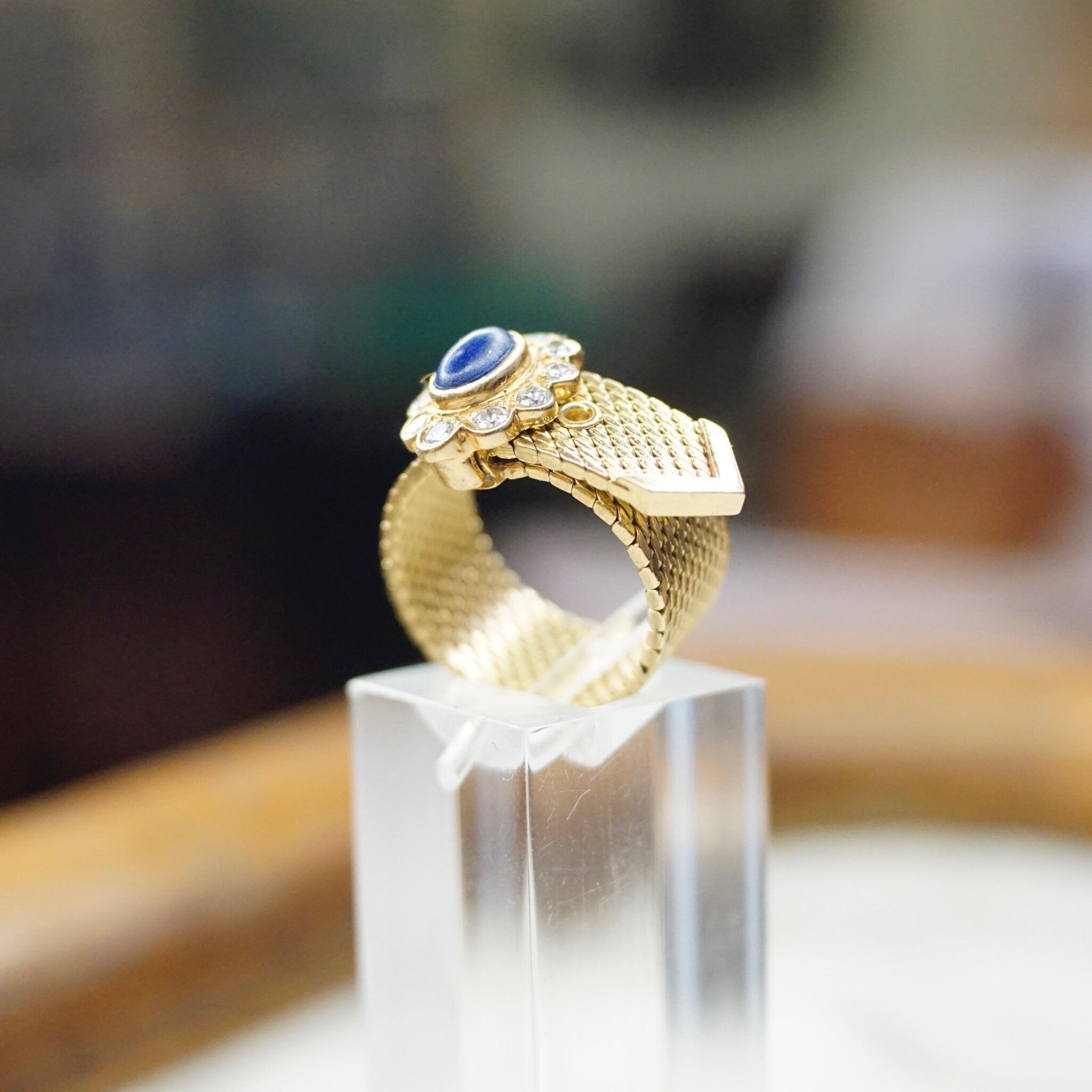Vintage 14K Gold Lapis Lazuli And Diamond Mesh Belt Buckle Ring, Yellow Gold Ring With Lapis and Diamond Flower, Adjustable Ring, VCA NY 14K