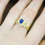Vintage 14K Gold Lapis Lazuli And Diamond Mesh Belt Buckle Ring, Yellow Gold Ring With Lapis and Diamond Flower, Adjustable Ring, VCA NY 14K