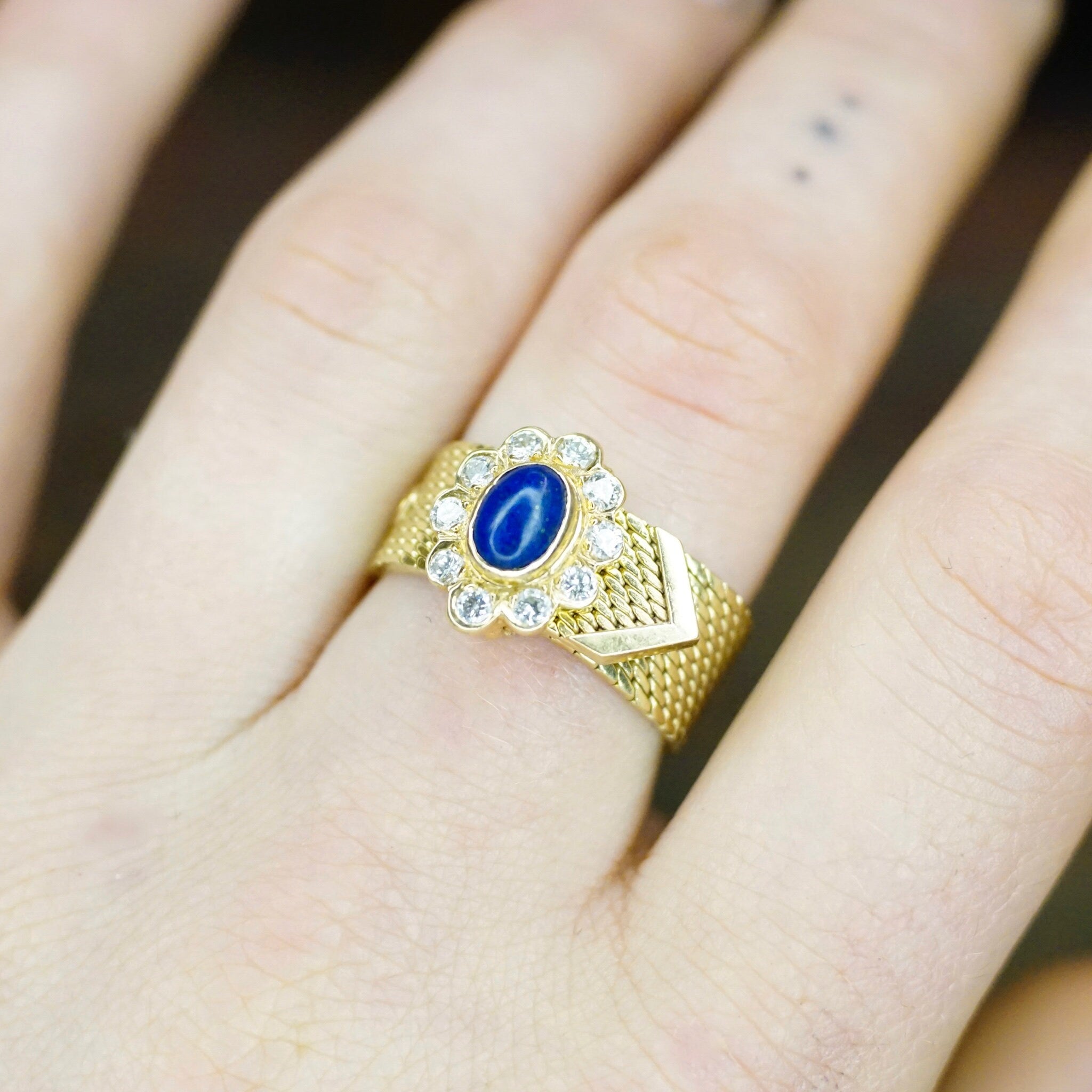 Vintage 14K Gold Lapis Lazuli And Diamond Mesh Belt Buckle Ring, Yellow Gold Ring With Lapis and Diamond Flower, Adjustable Ring, VCA NY 14K