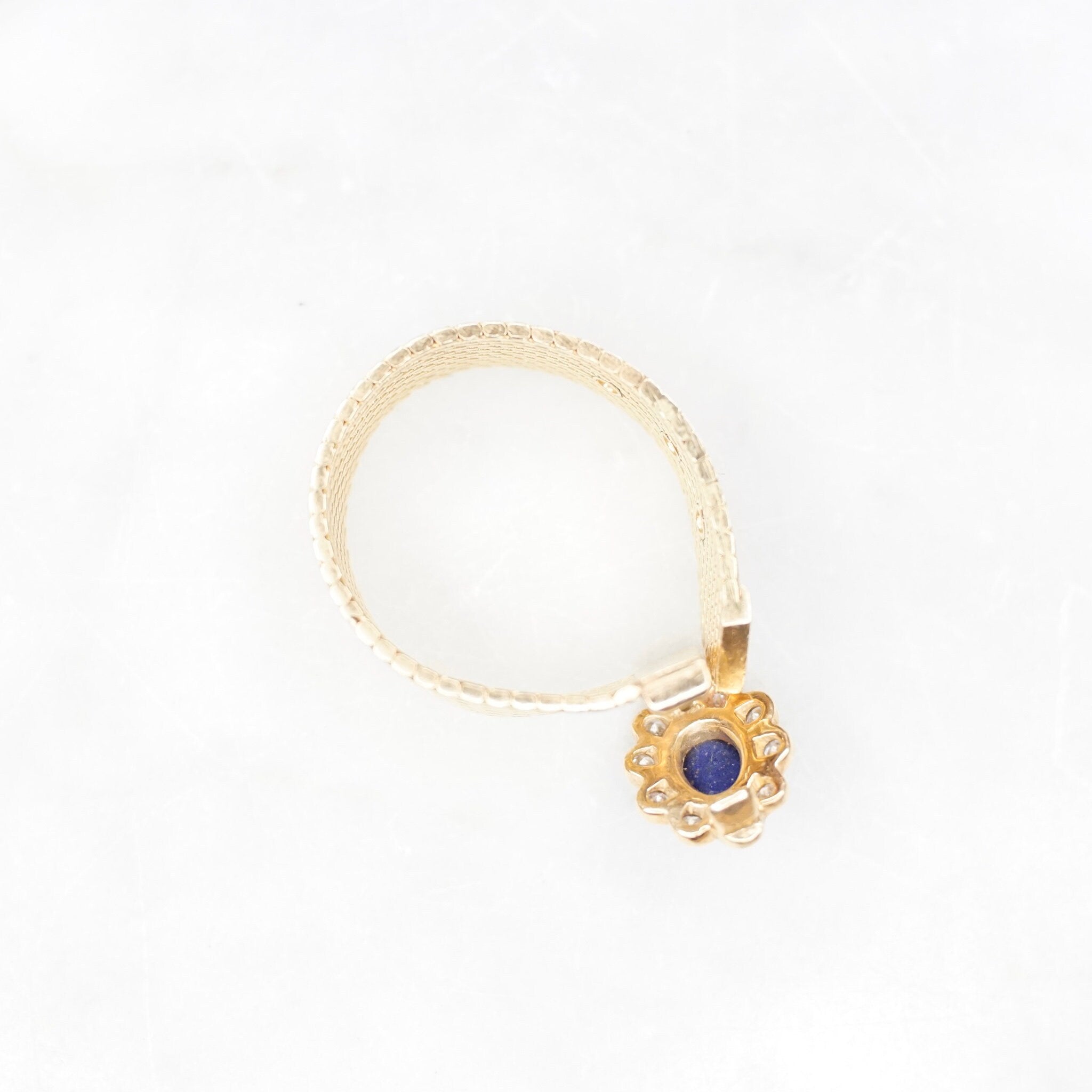Vintage 14K Gold Lapis Lazuli And Diamond Mesh Belt Buckle Ring, Yellow Gold Ring With Lapis and Diamond Flower, Adjustable Ring, VCA NY 14K