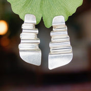 Vintage TAXCO Sterling Silver Wavy Drop Earrings, Modernist Warped Silver Panel Earrings, Unique Stud Earrings, TC-155 Mexico 925, 2" L