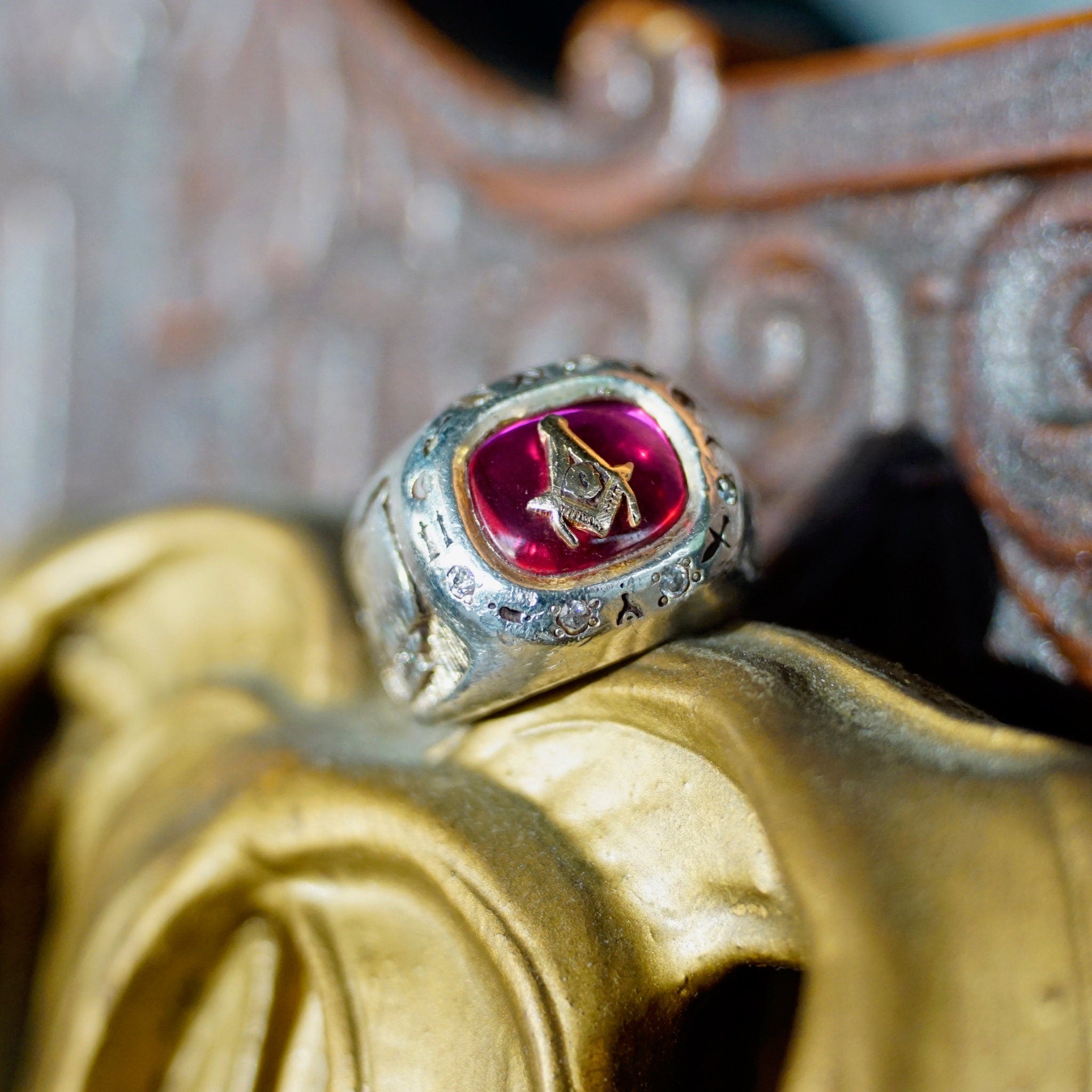 Vintage Sterling Silver & Ruby Masonic Ring, Incredible Mason Ring With Red Stone, Gold Compass, Embossed Details, and Accent Diamonds, 925