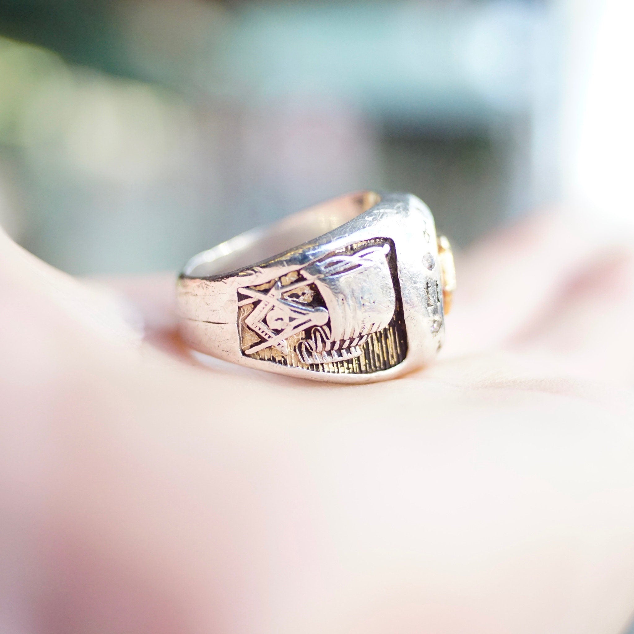 Vintage Sterling Silver & Ruby Masonic Ring, Incredible Mason Ring With Red Stone, Gold Compass, Embossed Details, and Accent Diamonds, 925