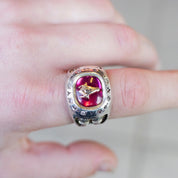Vintage Sterling Silver & Ruby Masonic Ring, Incredible Mason Ring With Red Stone, Gold Compass, Embossed Details, and Accent Diamonds, 925
