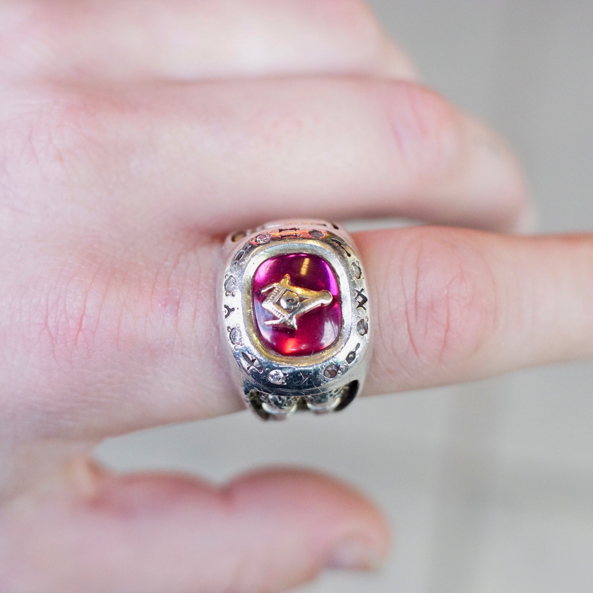 Vintage Sterling Silver & Ruby Masonic Ring, Incredible Mason Ring With Red Stone, Gold Compass, Embossed Details, and Accent Diamonds, 925