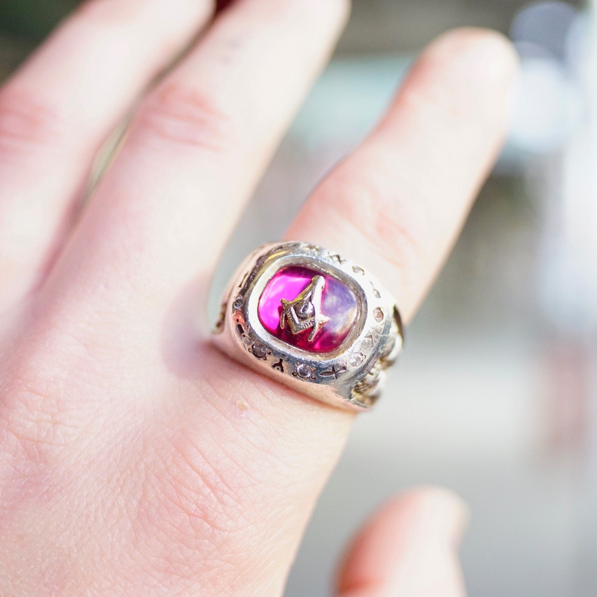 Vintage Sterling Silver & Ruby Masonic Ring, Incredible Mason Ring With Red Stone, Gold Compass, Embossed Details, and Accent Diamonds, 925
