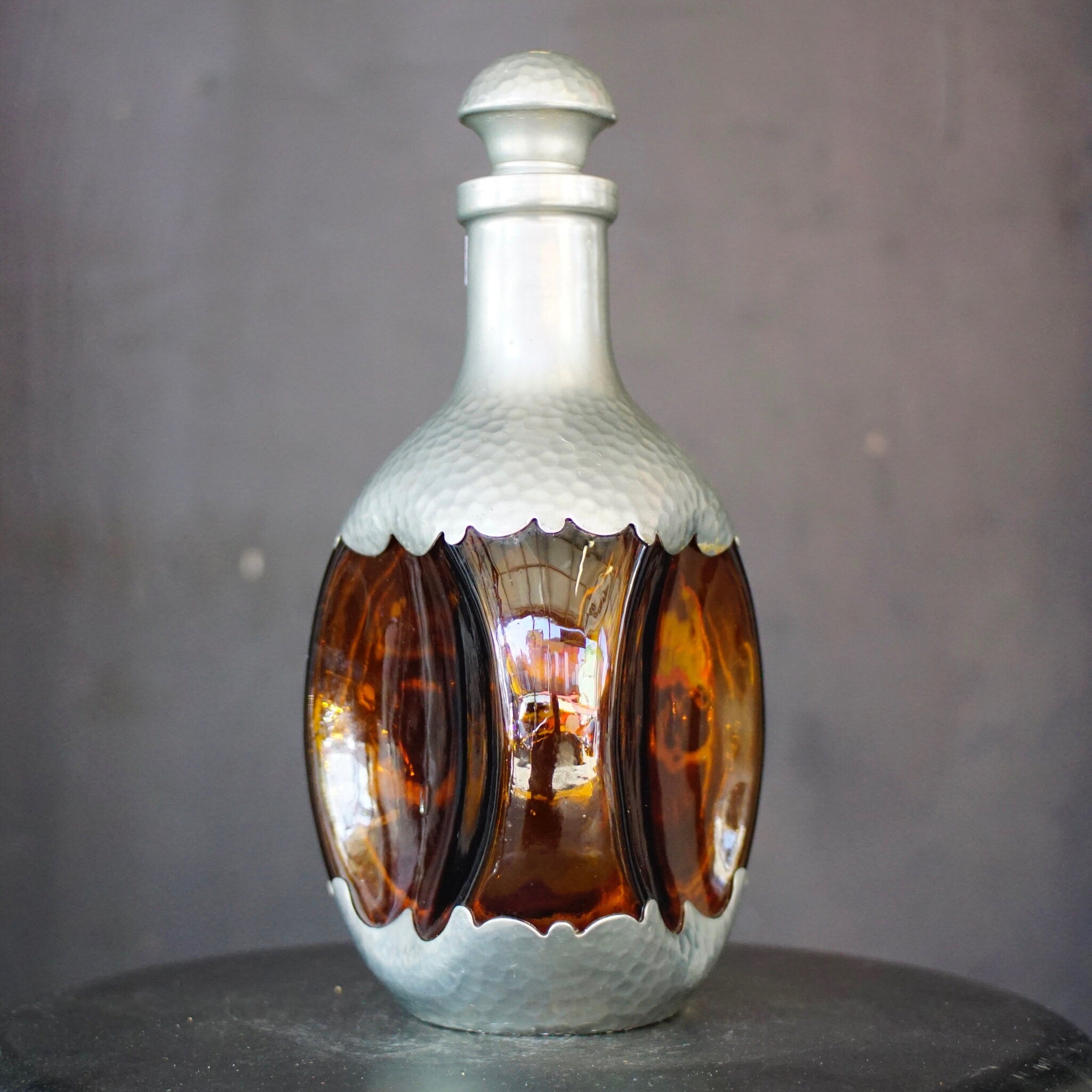 Vintage KMD Royal Holland Daalderop Pinched Amber Glass & Hammered Pewter Decanter Bottle w/ Stopper, Mid Century Modern, Made In Holland