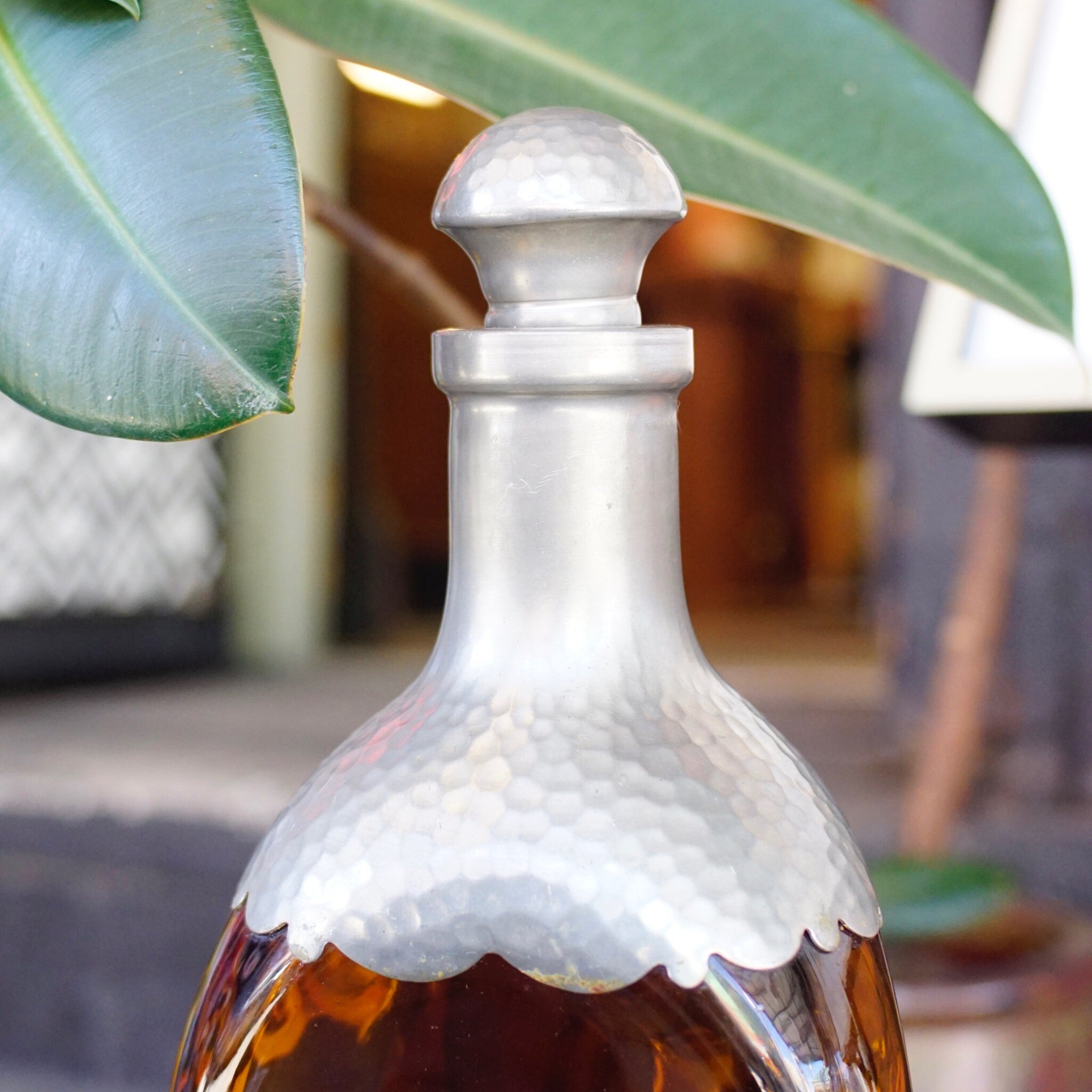 Vintage KMD Royal Holland Daalderop Pinched Amber Glass & Hammered Pewter Decanter Bottle w/ Stopper, Mid Century Modern, Made In Holland