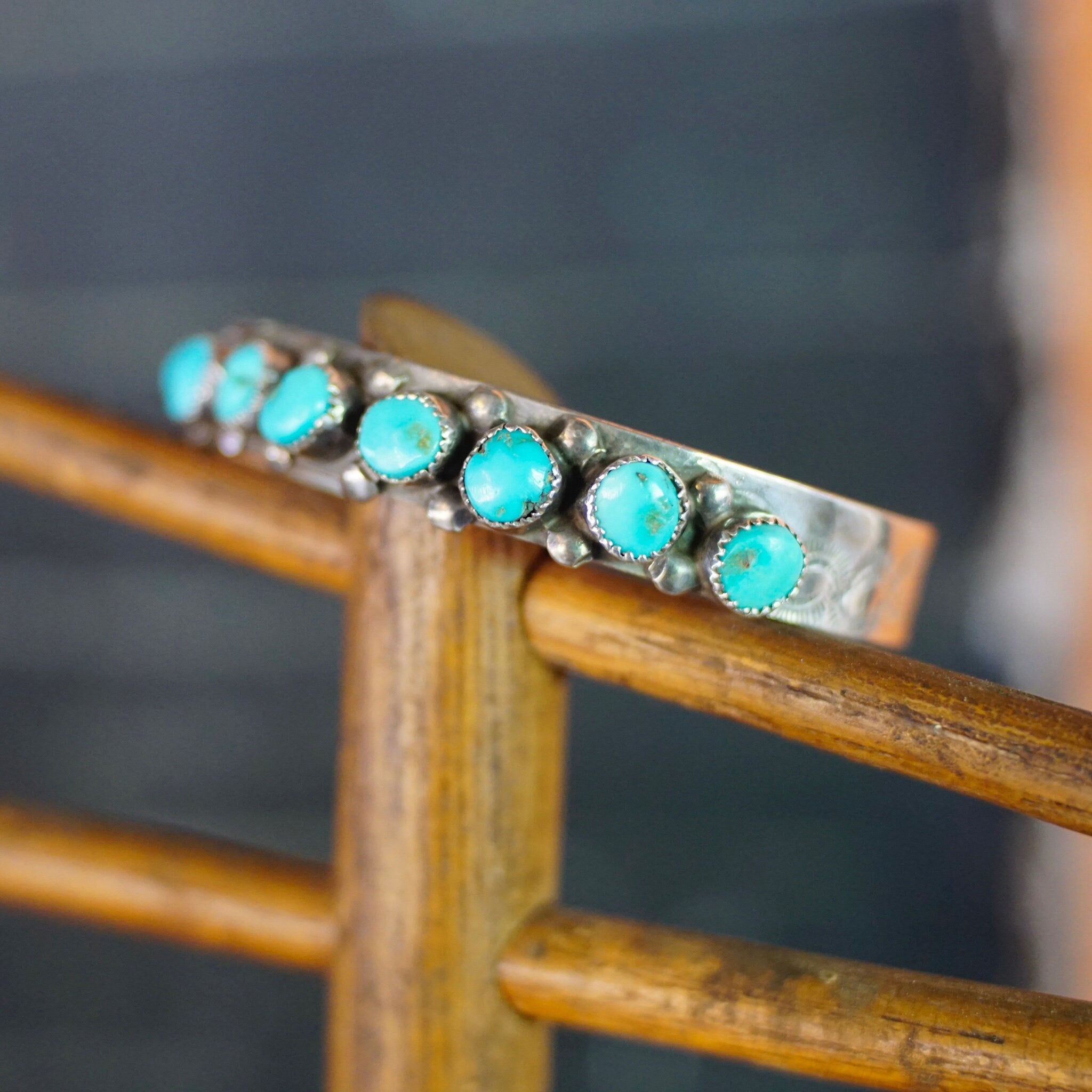 Vintage Zuni Snake Eye Turquoise Cuff Bracelet, Petite Silver Cuff With Single Row Of Turquoise Stones, Native American Old Pawn Jewelry