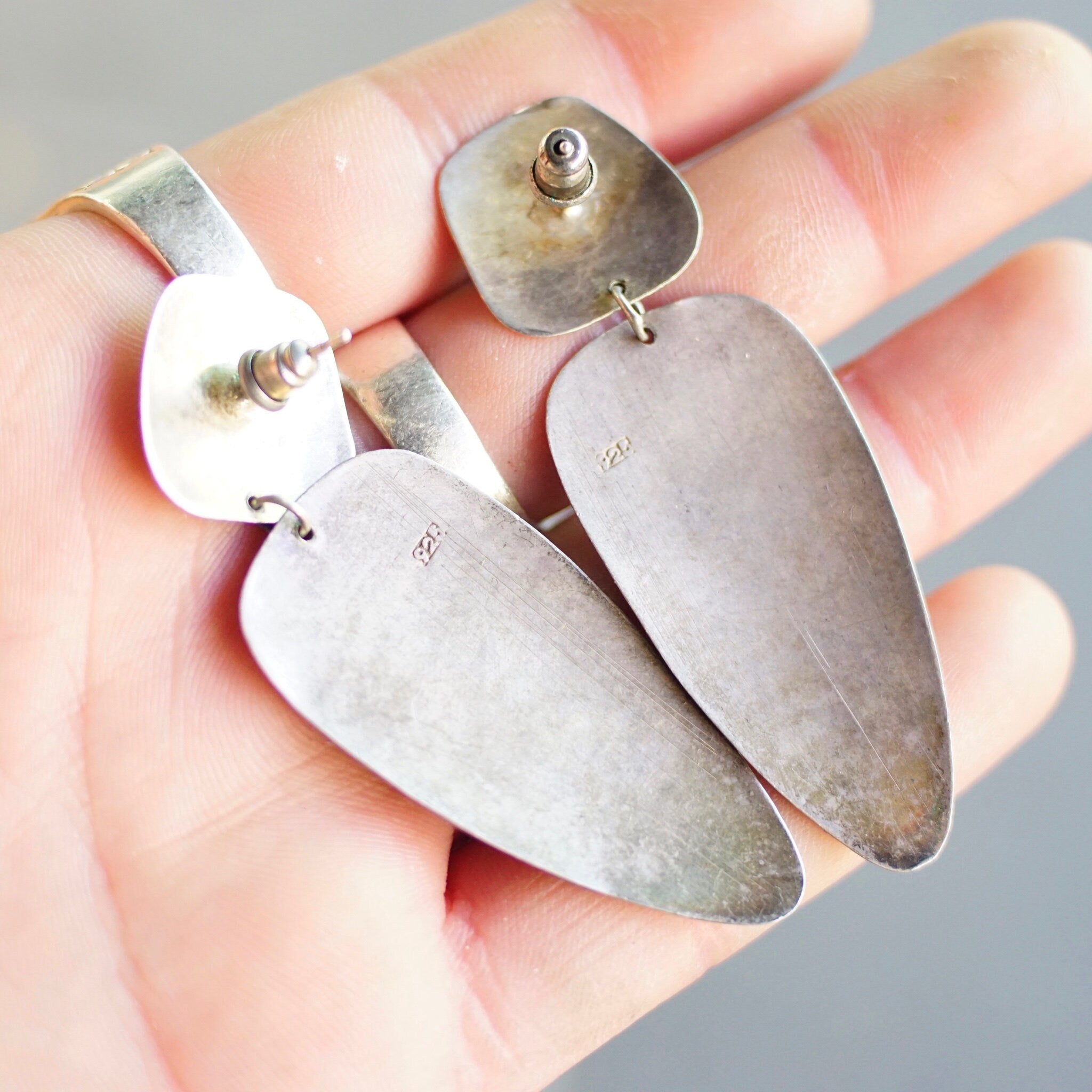 Vintage Sterling Silver Underwater Fish Panel Earrings, Unique 925 Silver Long Earrings with Embossed Fish and Bubble Design, Held in Hand