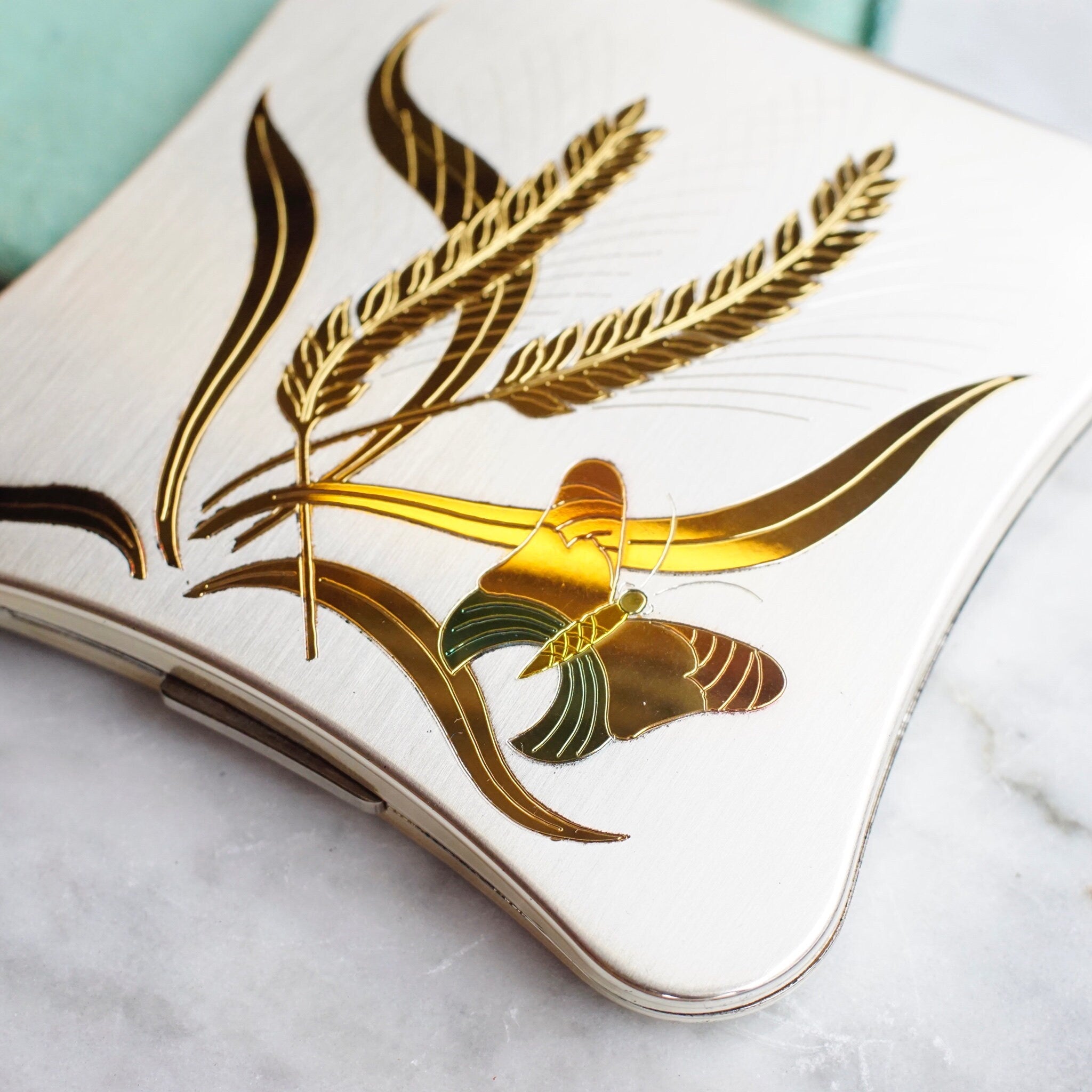 Vintage Elgin American Gold & Silver Tone Butterfly Compact, 1950's Compact Mirror And Power Puff Case, Makeup Compact With Etched Design