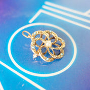 Vintage 14K Gold & Pearl Spiral Brooch/Pin, Circular Pin With Natural Pearl and Accent Blue Stone, Gold Pendant With Hinged Loop, 22mm