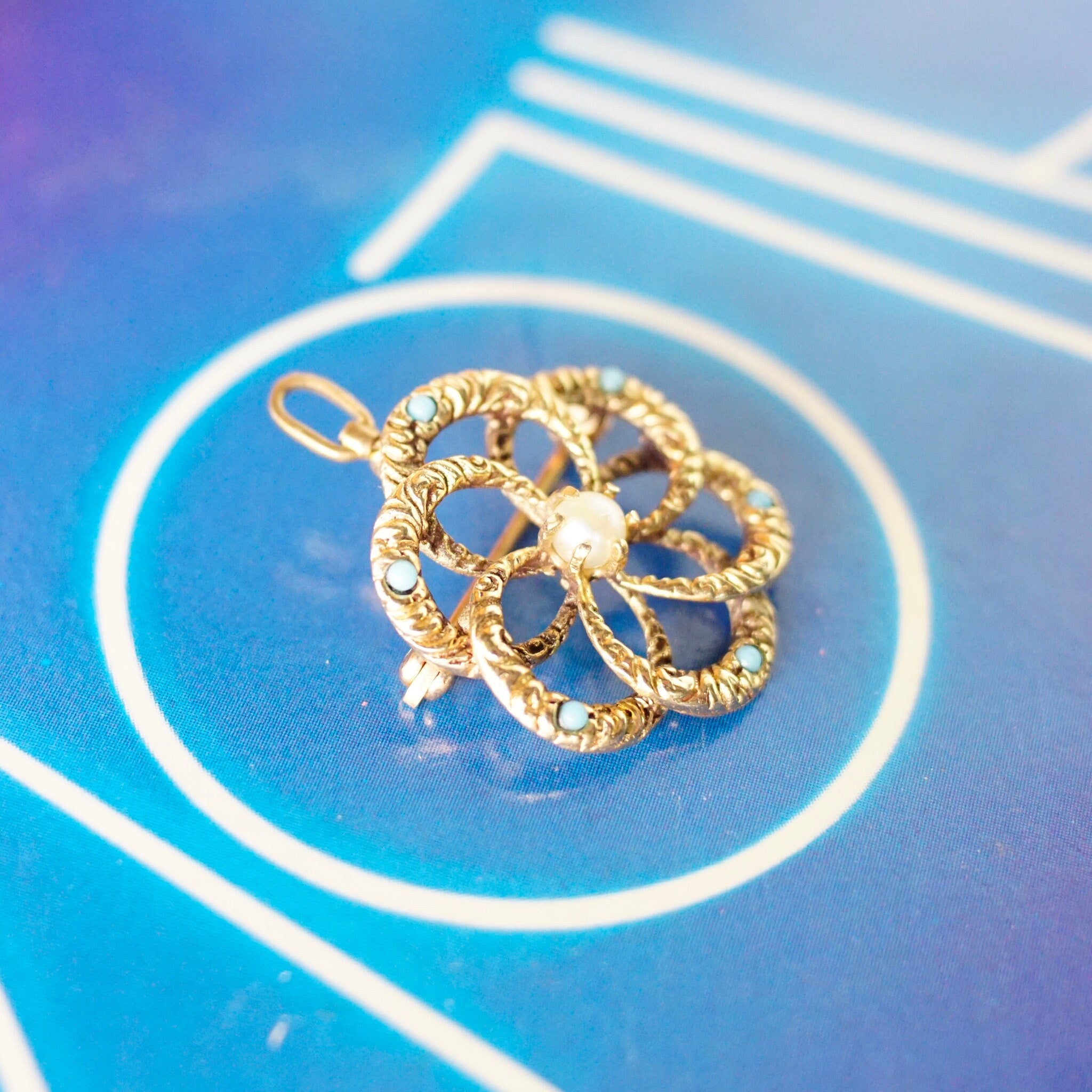 Pin, Circular Pin With Natural Pearl and Accent Blue Stone, Gold Pendant With Hinged Loop, 22mm