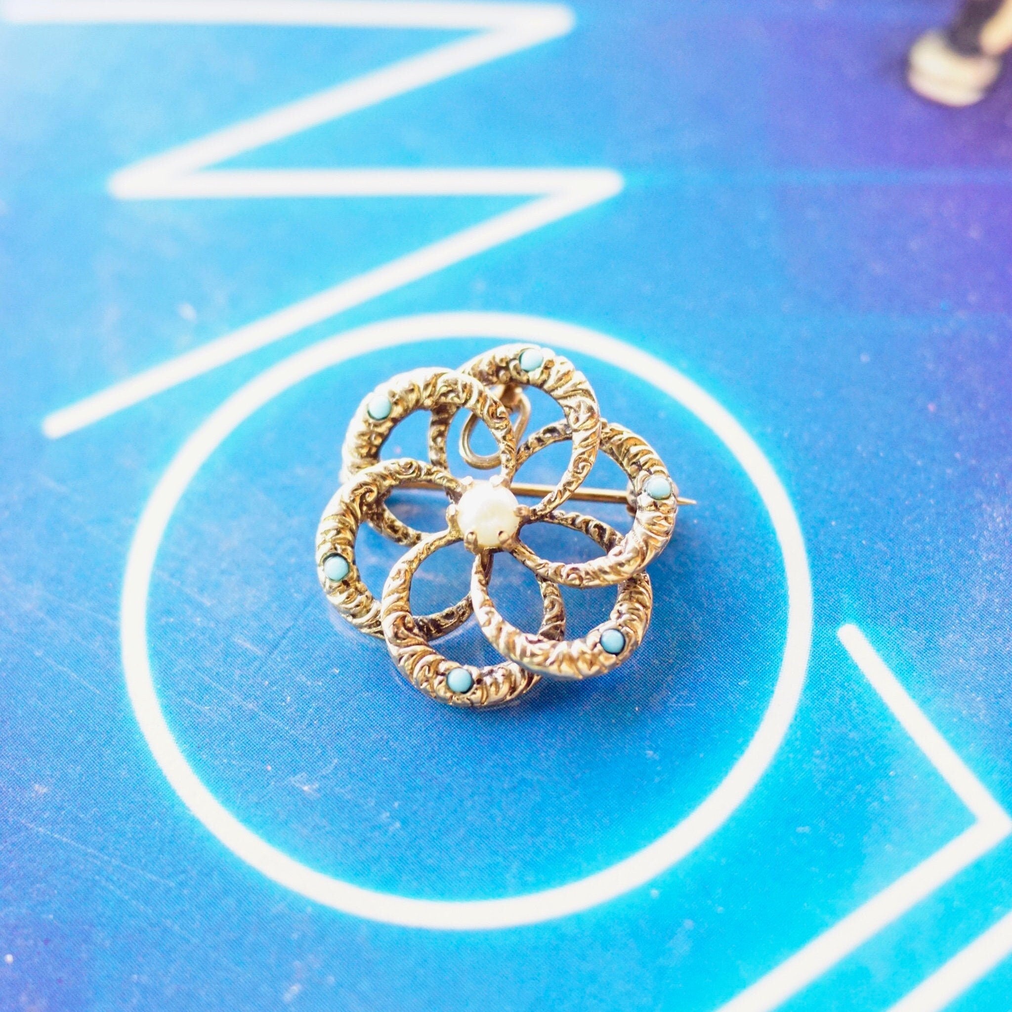 Pin, Circular Pin With Natural Pearl and Accent Blue Stone, Gold Pendant With Hinged Loop, 22mm