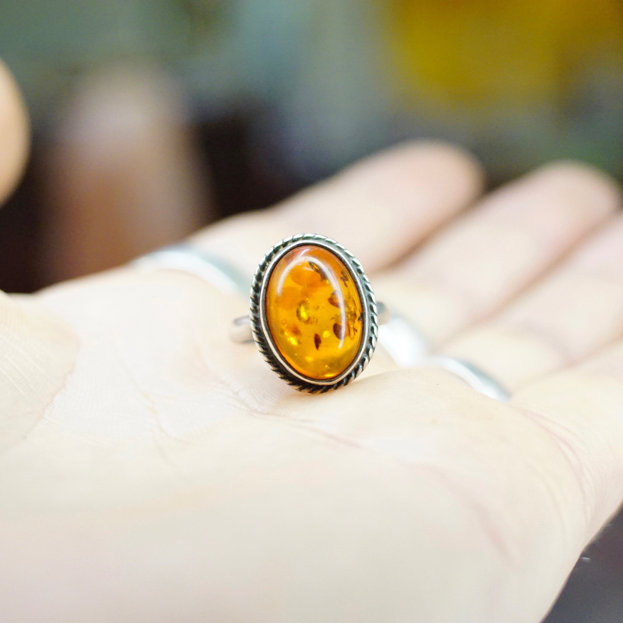 Vintage Sterling Silver Amber Ring, Beautiful Silver Ring With Natural Amber Stone, Minimalist Silver Ring, 925 Jewelry, Size 5 1/2 US