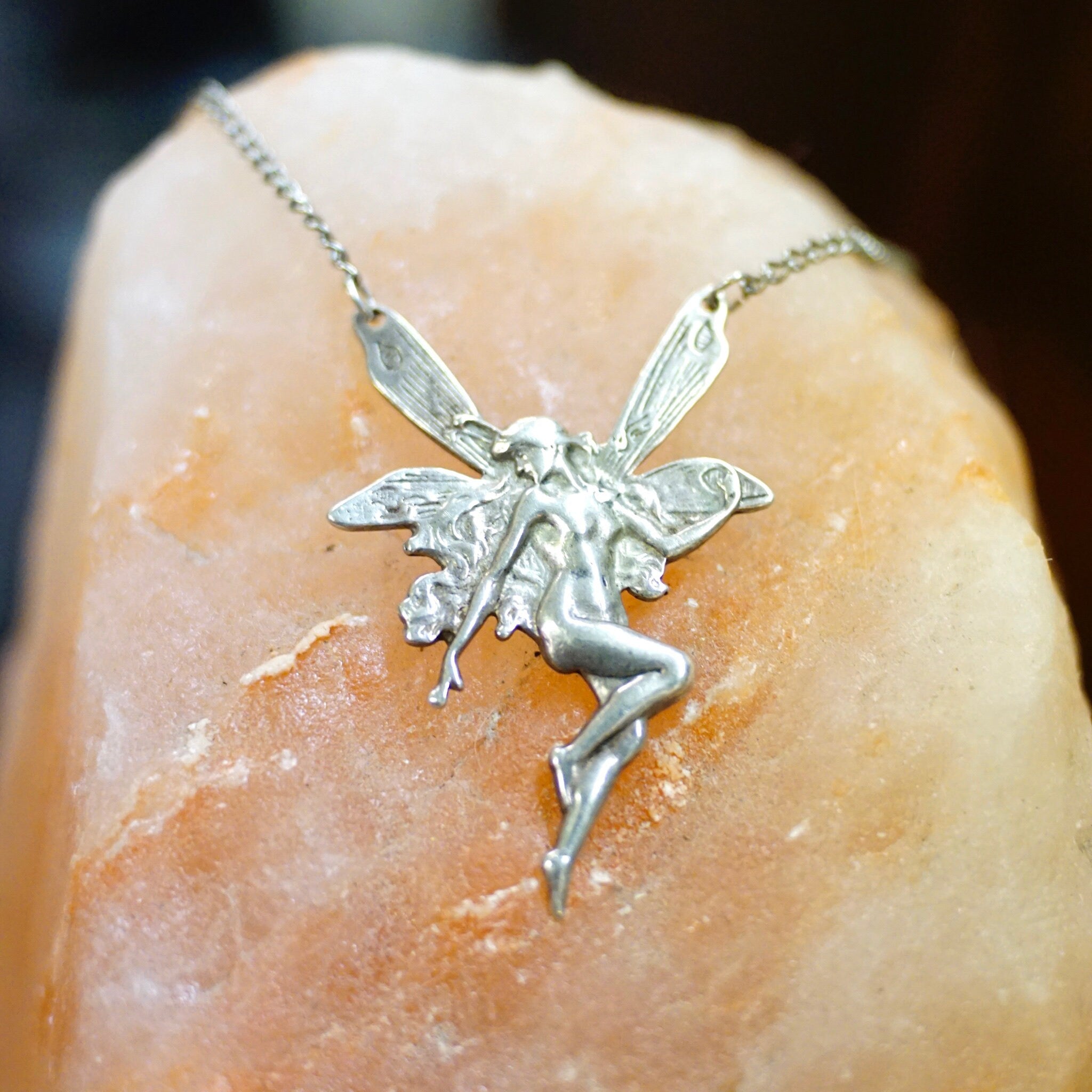 Vintage Sterling Silver Fairy Pendant Necklace, Art Nouveau Textured Silver Fairy Necklace, Silver Cable Chain Necklace, 925 Jewelry, 25" L