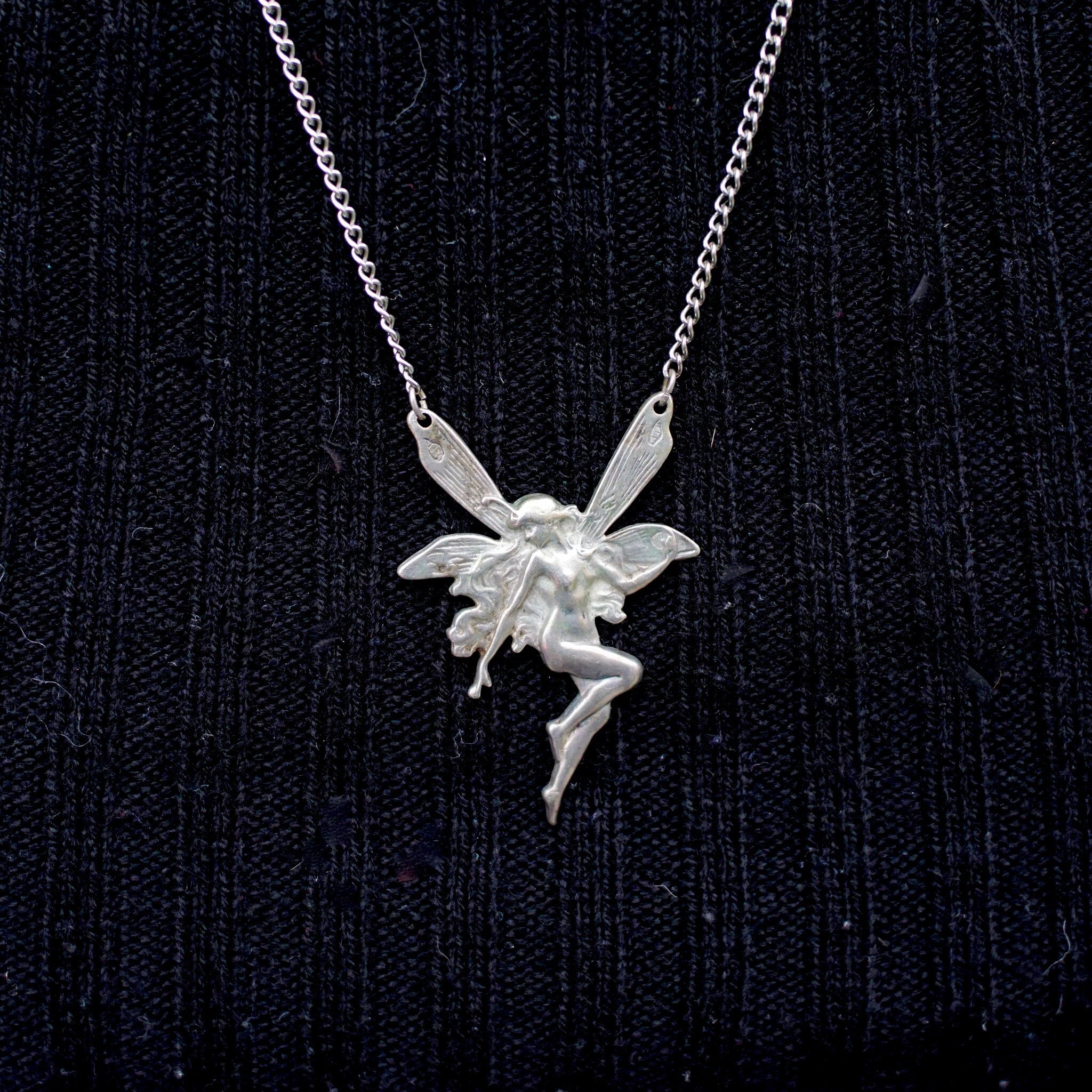 Vintage Sterling Silver Fairy Pendant Necklace, Art Nouveau Textured Silver Fairy Necklace, Silver Cable Chain Necklace, 925 Jewelry, 25" L