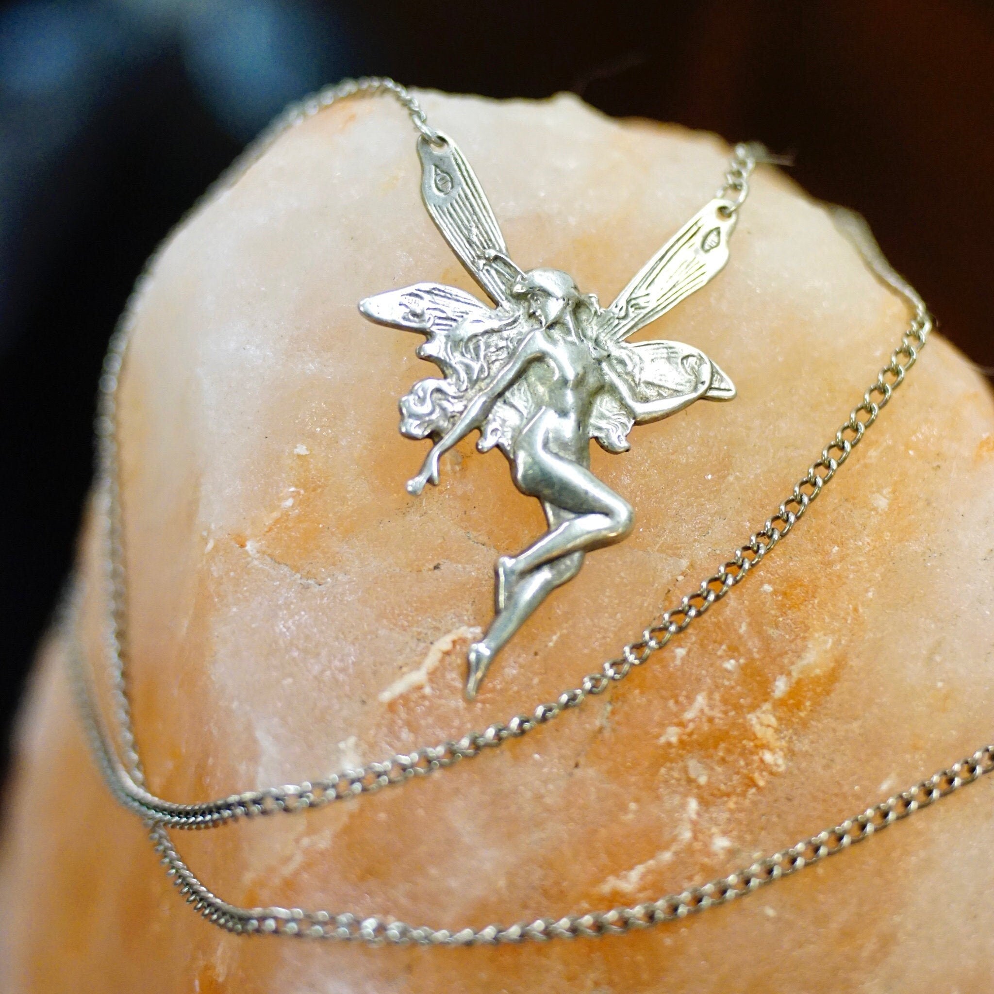 Vintage Sterling Silver Fairy Pendant Necklace, Art Nouveau Textured Silver Fairy Necklace, Silver Cable Chain Necklace, 925 Jewelry, 25" L