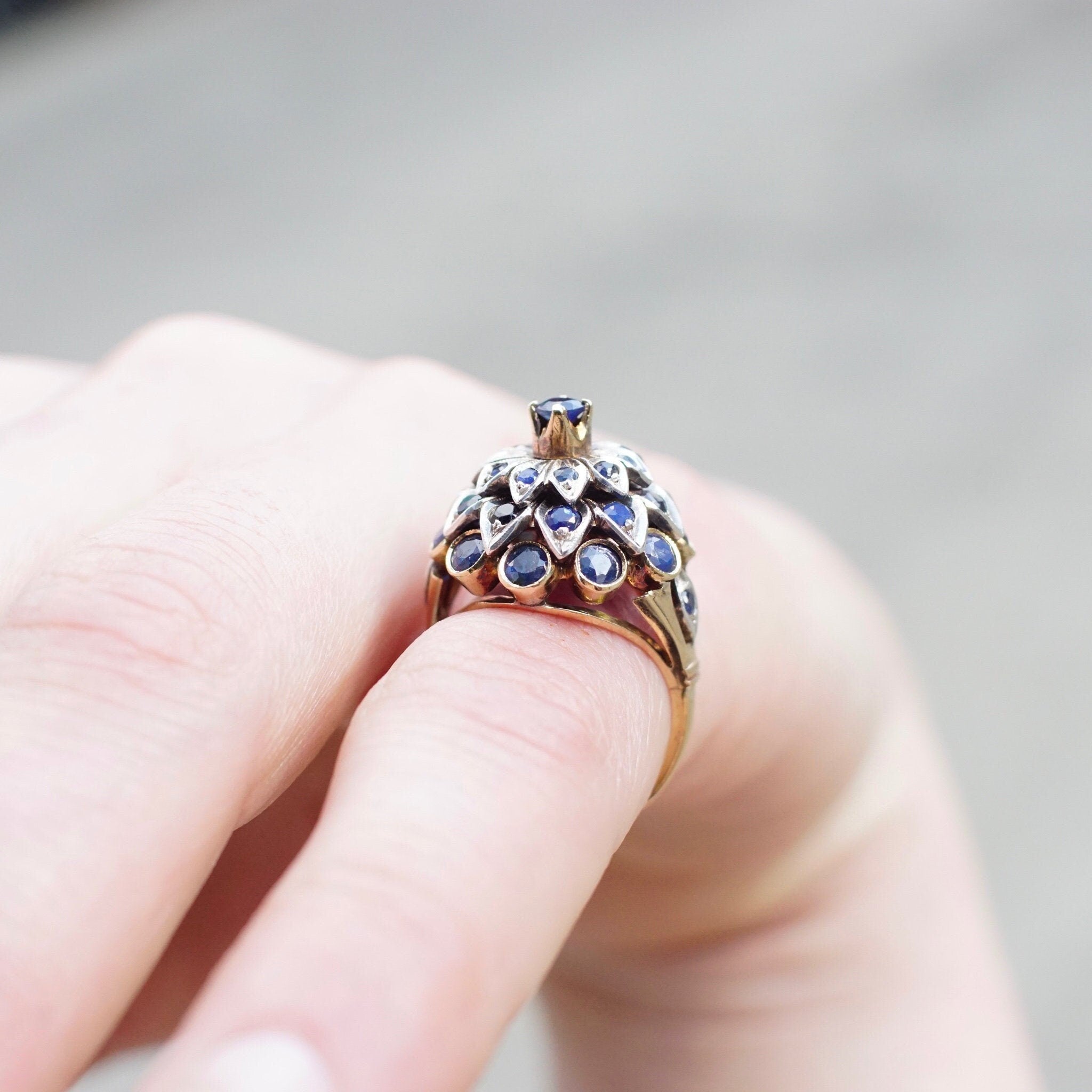 Antique JG 14K Gold Sapphire Dome Cocktail Ring, Gorgeous Gold Sapphire Cluster Ring, Vintage 14K Yellow & White Gold Ring, Size 6 US