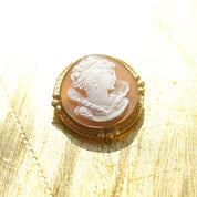 Vintage 14K Gold Cameo Brooch/Pendant, Classic Relief Cameo Of Lady's Bust, Round 14K Gold Filigree Brooch With Carved Shell, 1 1/4"