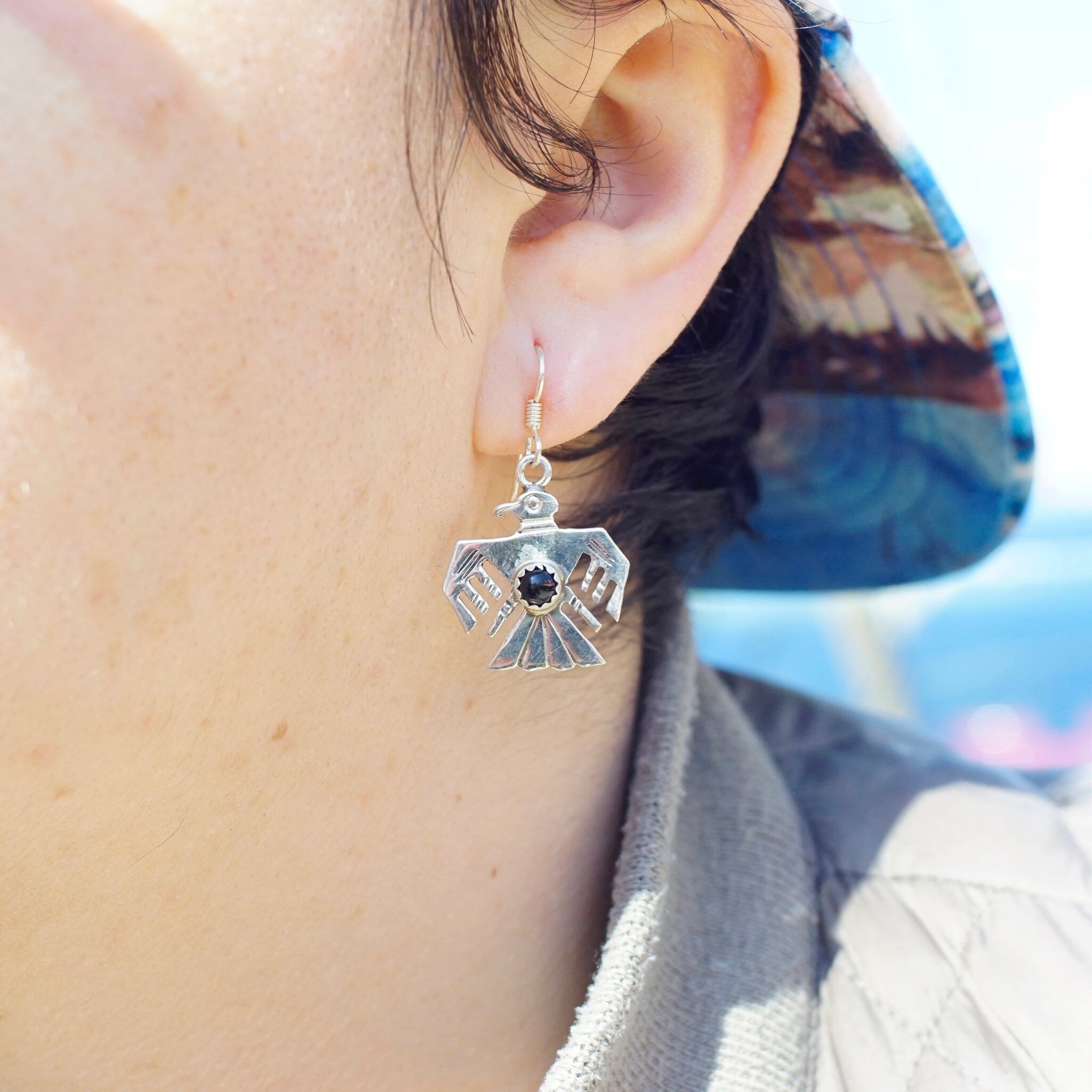 Vintage Sterling Silver & Onyx Thunderbird Dangle Earrings, Navajo Eagle Earrings With Accent Onyx Stone, Native American Jewelry, 925