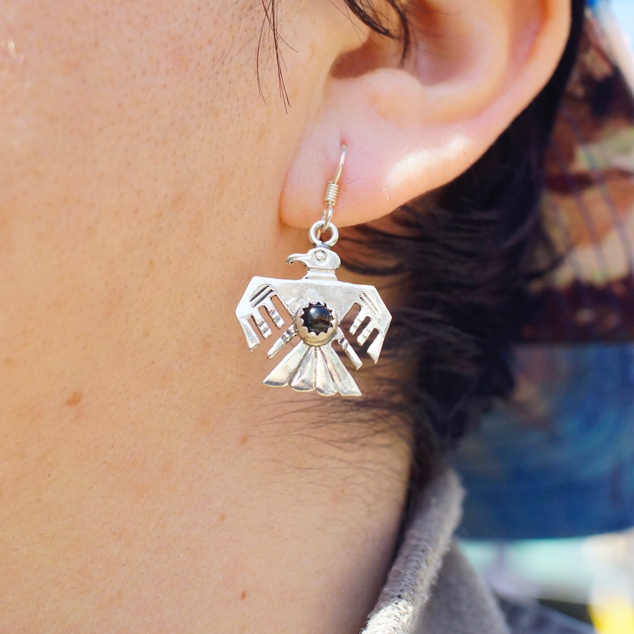 Vintage Sterling Silver & Onyx Thunderbird Dangle Earrings, Navajo Eagle Earrings With Accent Onyx Stone, Native American Jewelry, 925