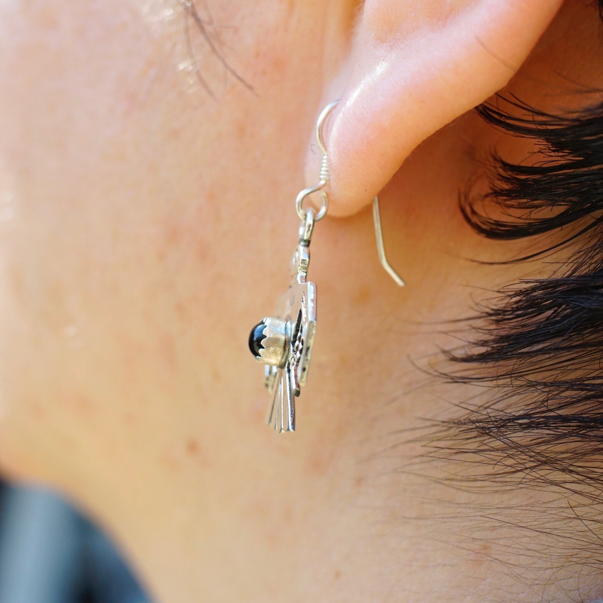Vintage Sterling Silver & Onyx Thunderbird Dangle Earrings, Navajo Eagle Earrings With Accent Onyx Stone, Native American Jewelry, 925