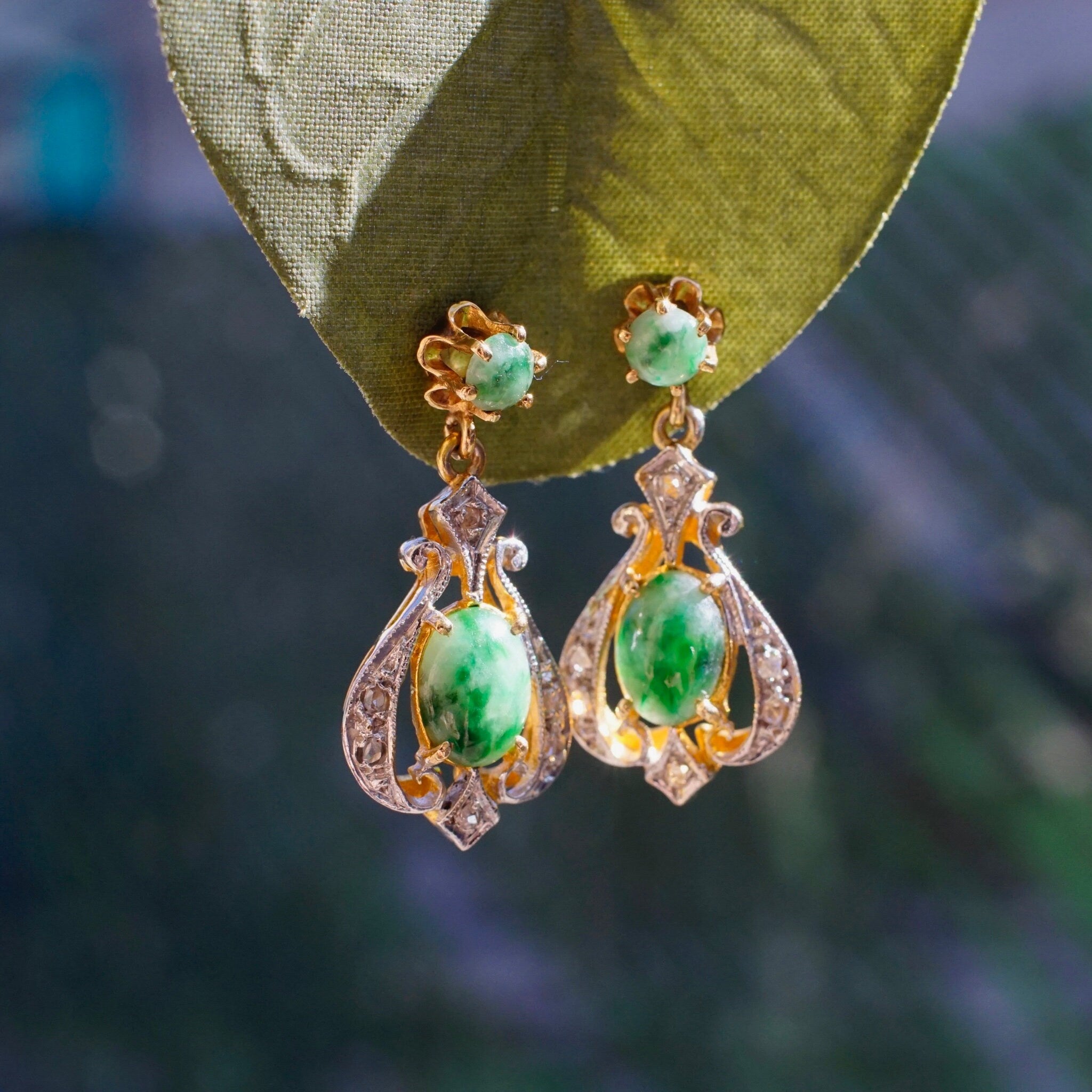 Vintage 14K Gold, Diamond & Jadeite Drop Earrings, Gorgeous Yellow and White Gold Diamond Encrusted Dangle Earrings With Marbled Green Stone