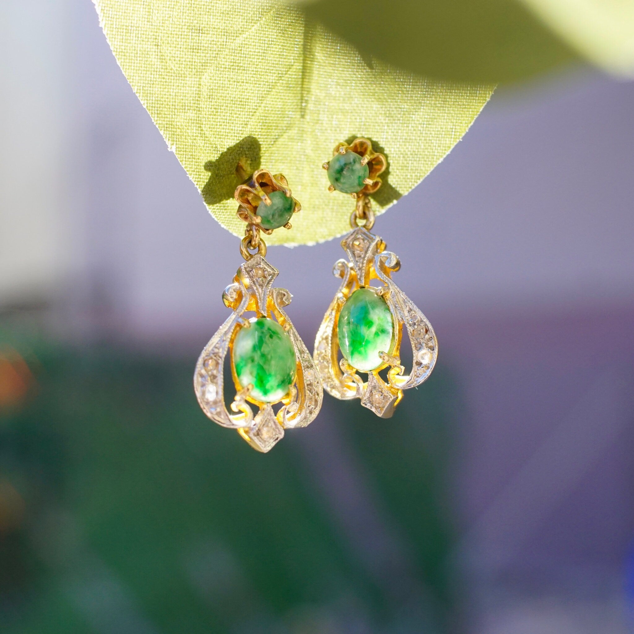 Vintage 14K Gold, Diamond & Jadeite Drop Earrings, Gorgeous Yellow and White Gold Diamond Encrusted Dangle Earrings With Marbled Green Stone